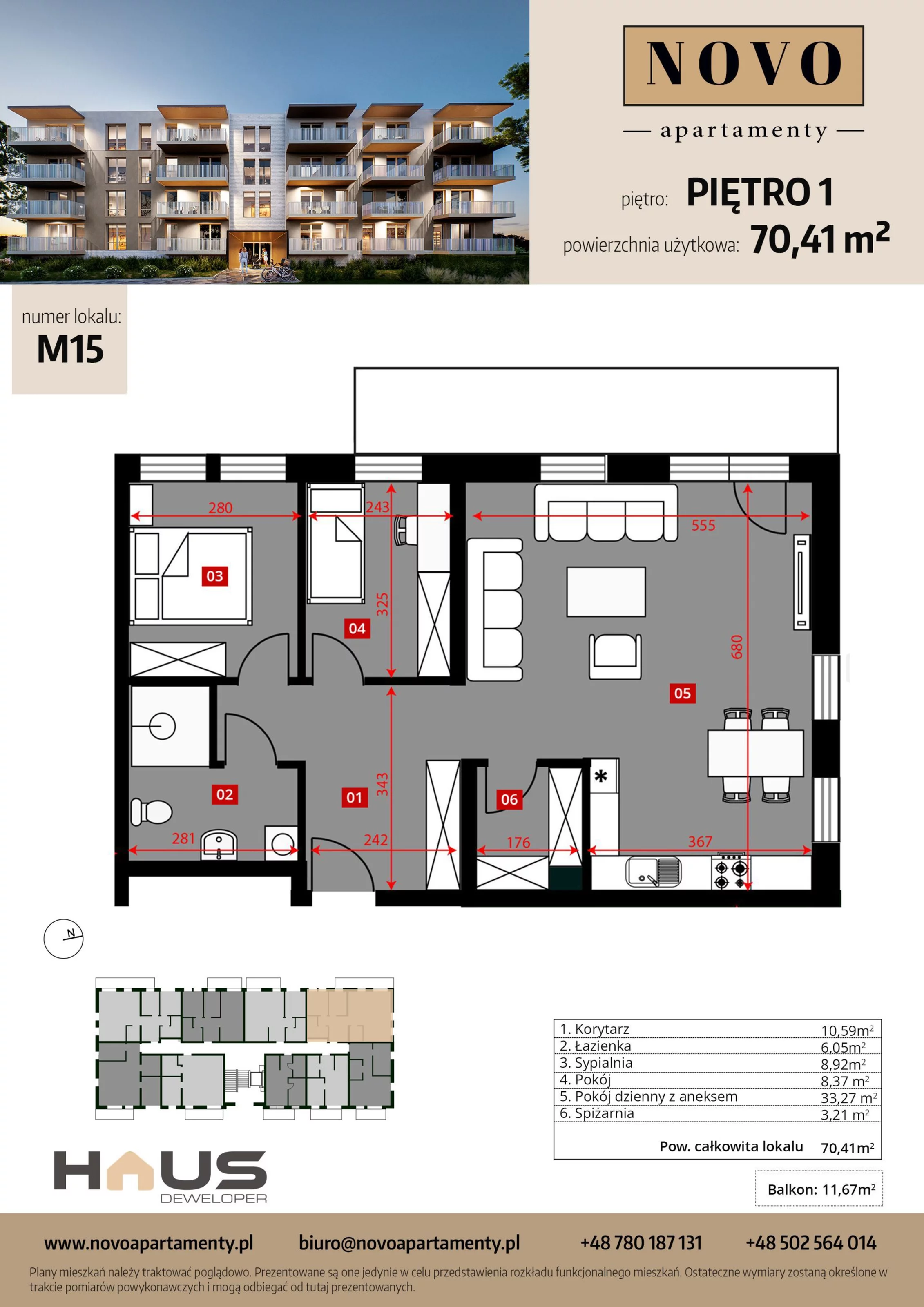 Mieszkanie 70,41 m², piętro 1, oferta nr M15, Apartamenty NOVO, Nysa, ul. Franciszkańska