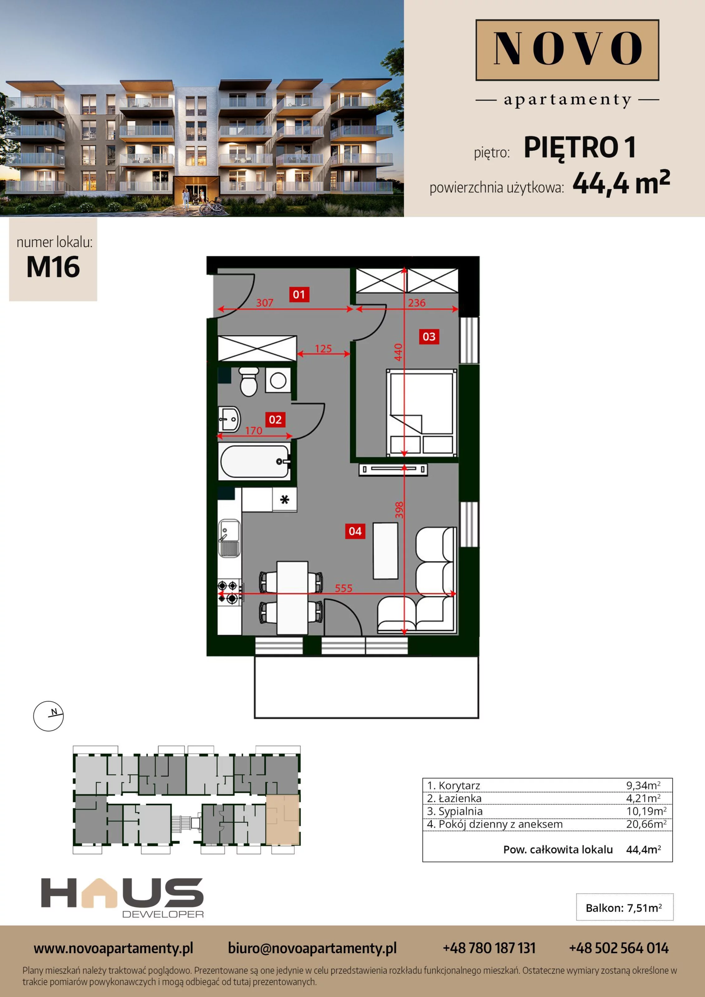 Mieszkanie 44,40 m², piętro 1, oferta nr M16, Apartamenty NOVO, Nysa, ul. Franciszkańska
