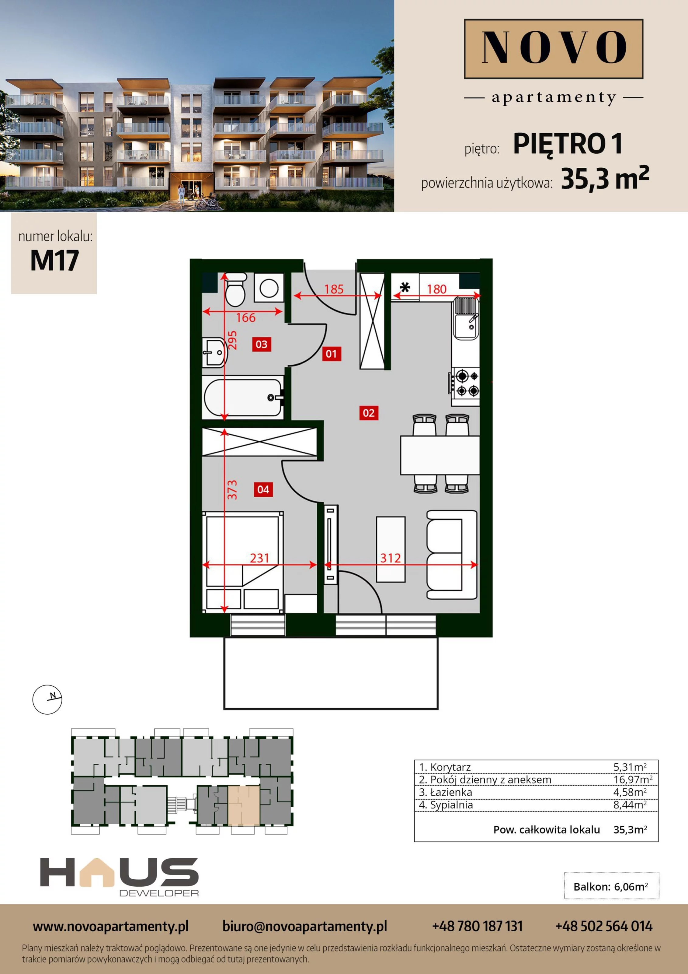 Mieszkanie 35,30 m², piętro 1, oferta nr M17, Apartamenty NOVO, Nysa, ul. Franciszkańska