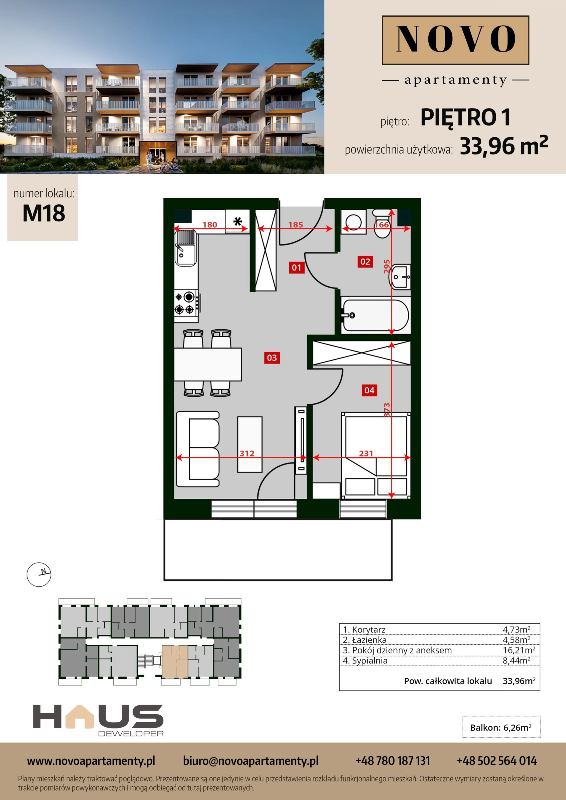 Mieszkanie 33,96 m², piętro 1, oferta nr M18, Apartamenty NOVO, Nysa, ul. Franciszkańska