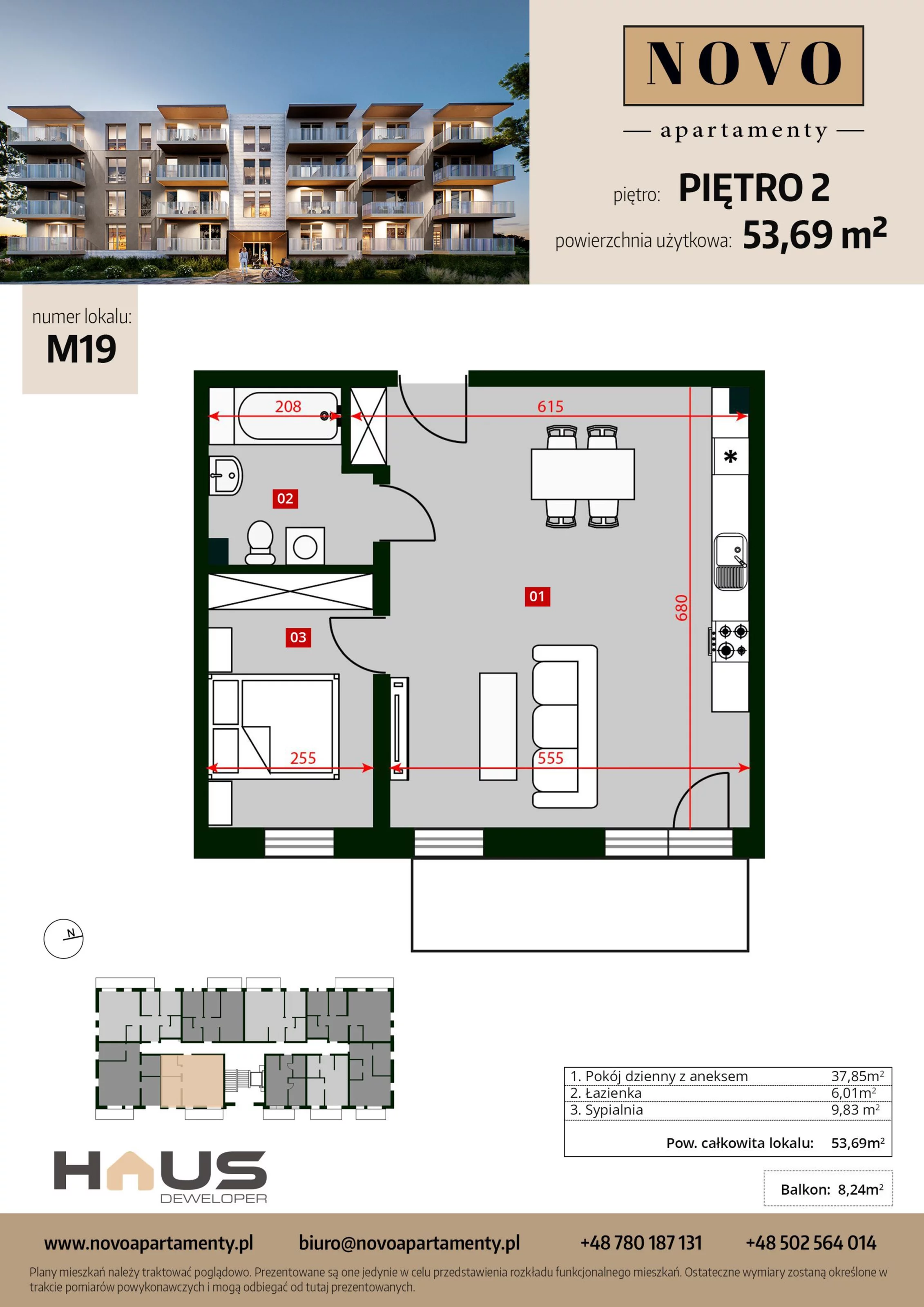 Mieszkanie 53,69 m², piętro 2, oferta nr M19, Apartamenty NOVO, Nysa, ul. Franciszkańska