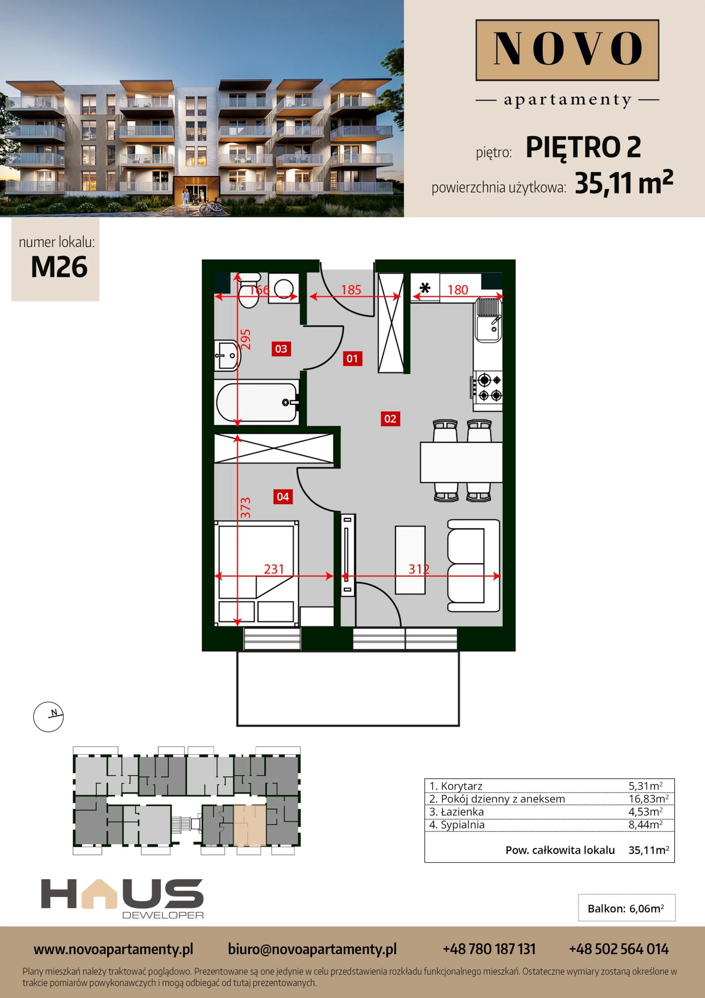 Mieszkanie 35,11 m², piętro 2, oferta nr M26, Apartamenty NOVO, Nysa, ul. Franciszkańska