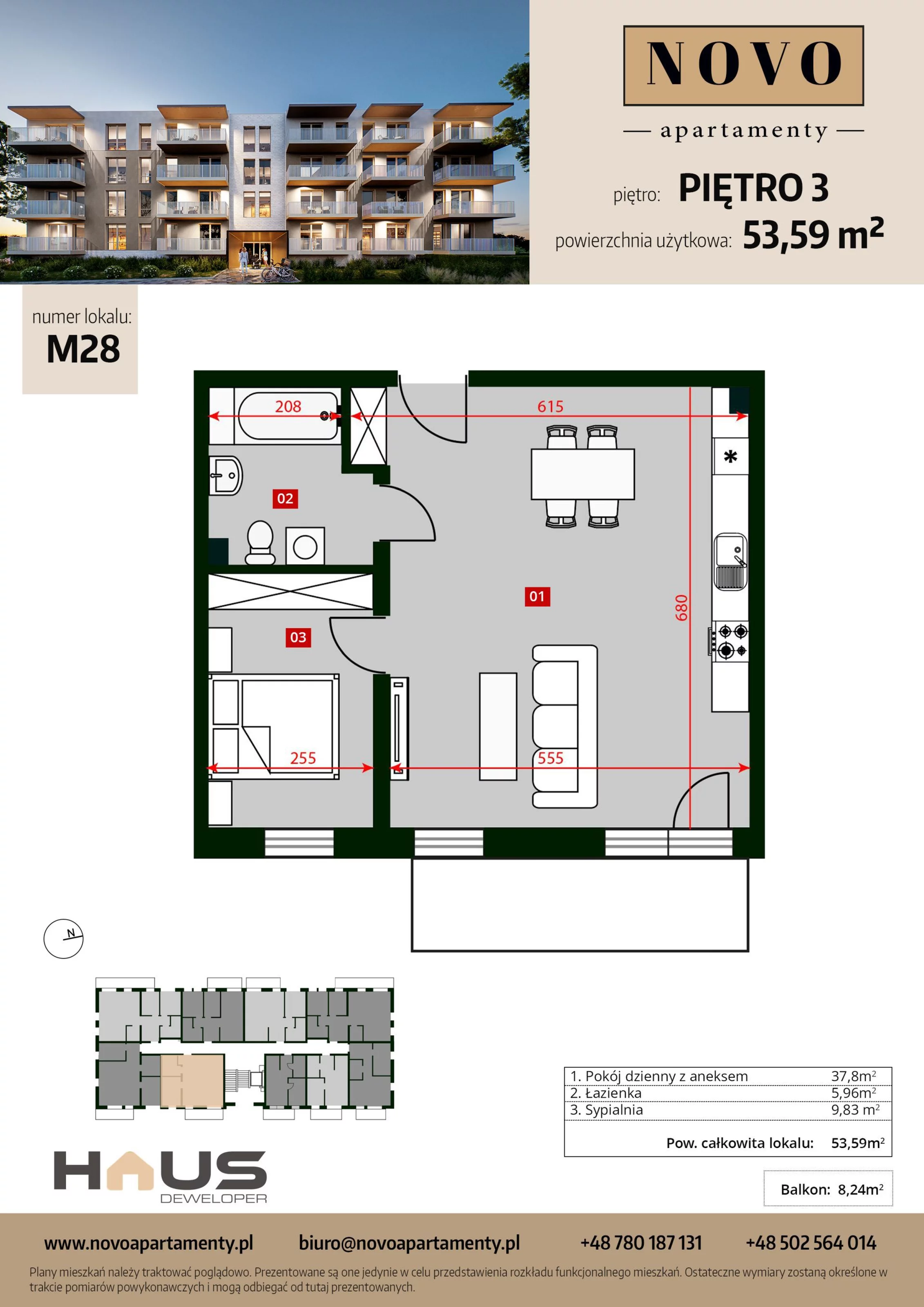 Mieszkanie 53,59 m², piętro 3, oferta nr M28, Apartamenty NOVO, Nysa, ul. Franciszkańska