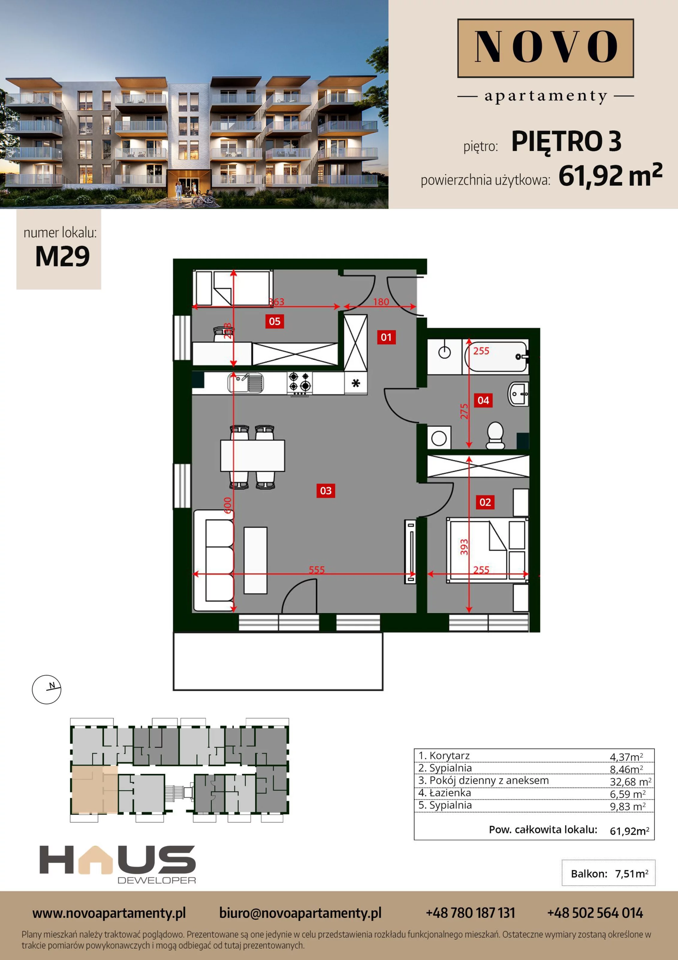 Mieszkanie 61,92 m², piętro 3, oferta nr M29, Apartamenty NOVO, Nysa, ul. Franciszkańska