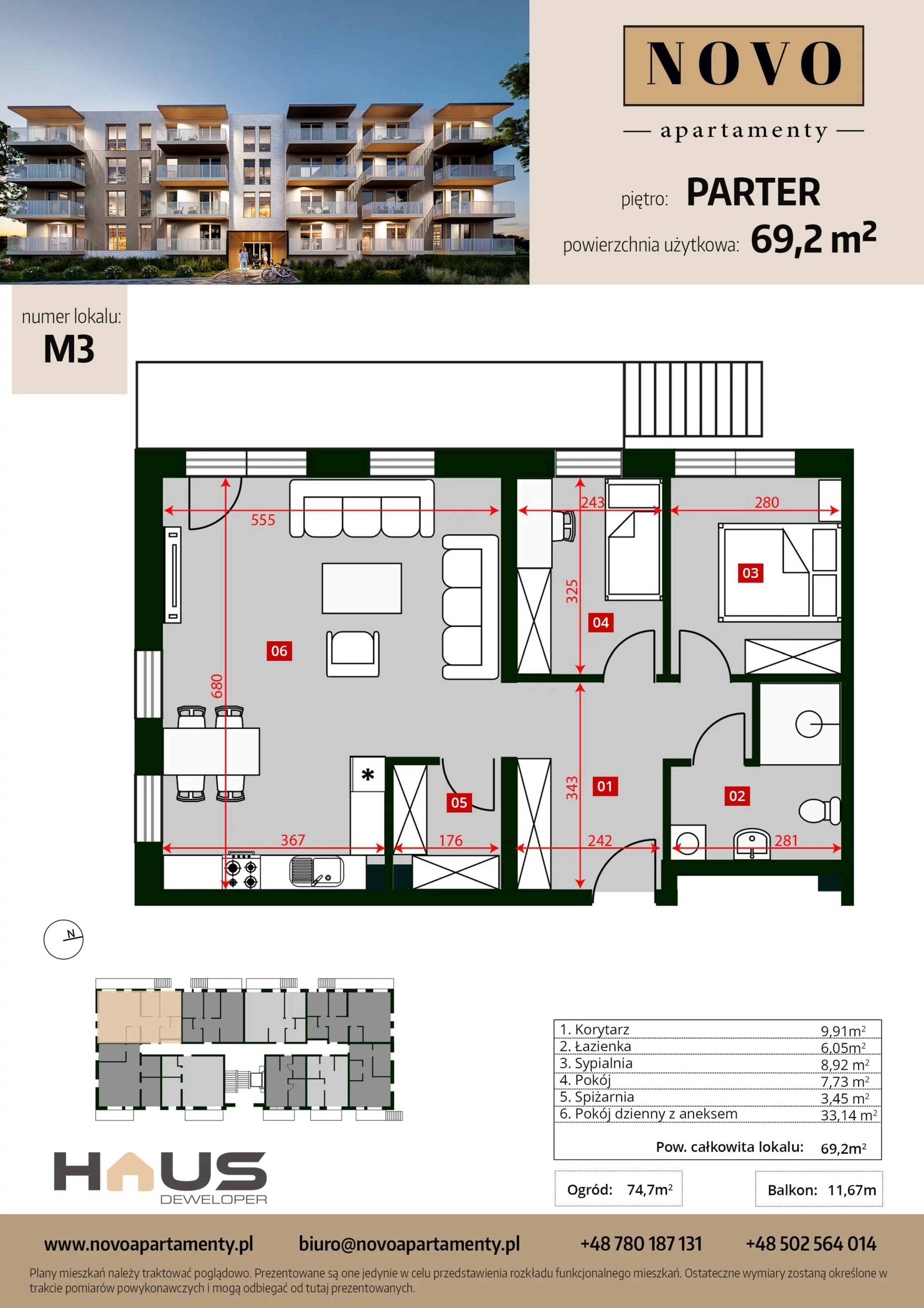 Mieszkanie 69,20 m², parter, oferta nr M3, Apartamenty NOVO, Nysa, ul. Franciszkańska