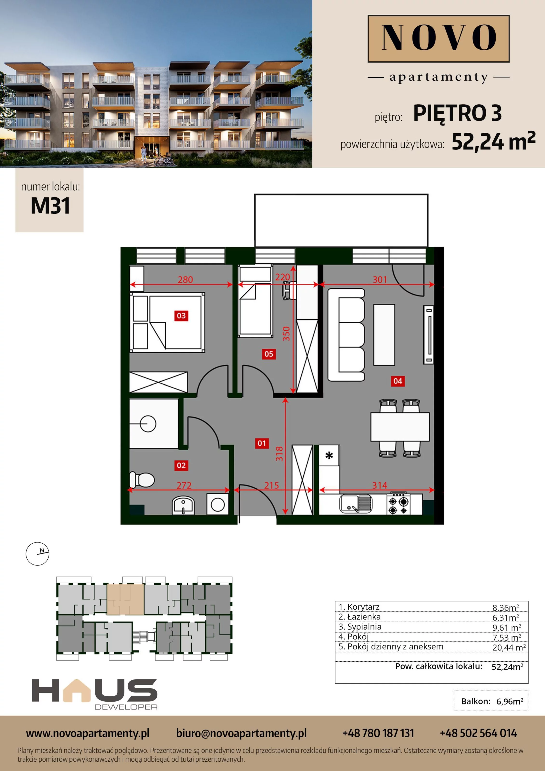 Mieszkanie 52,24 m², piętro 3, oferta nr M31, Apartamenty NOVO, Nysa, ul. Franciszkańska