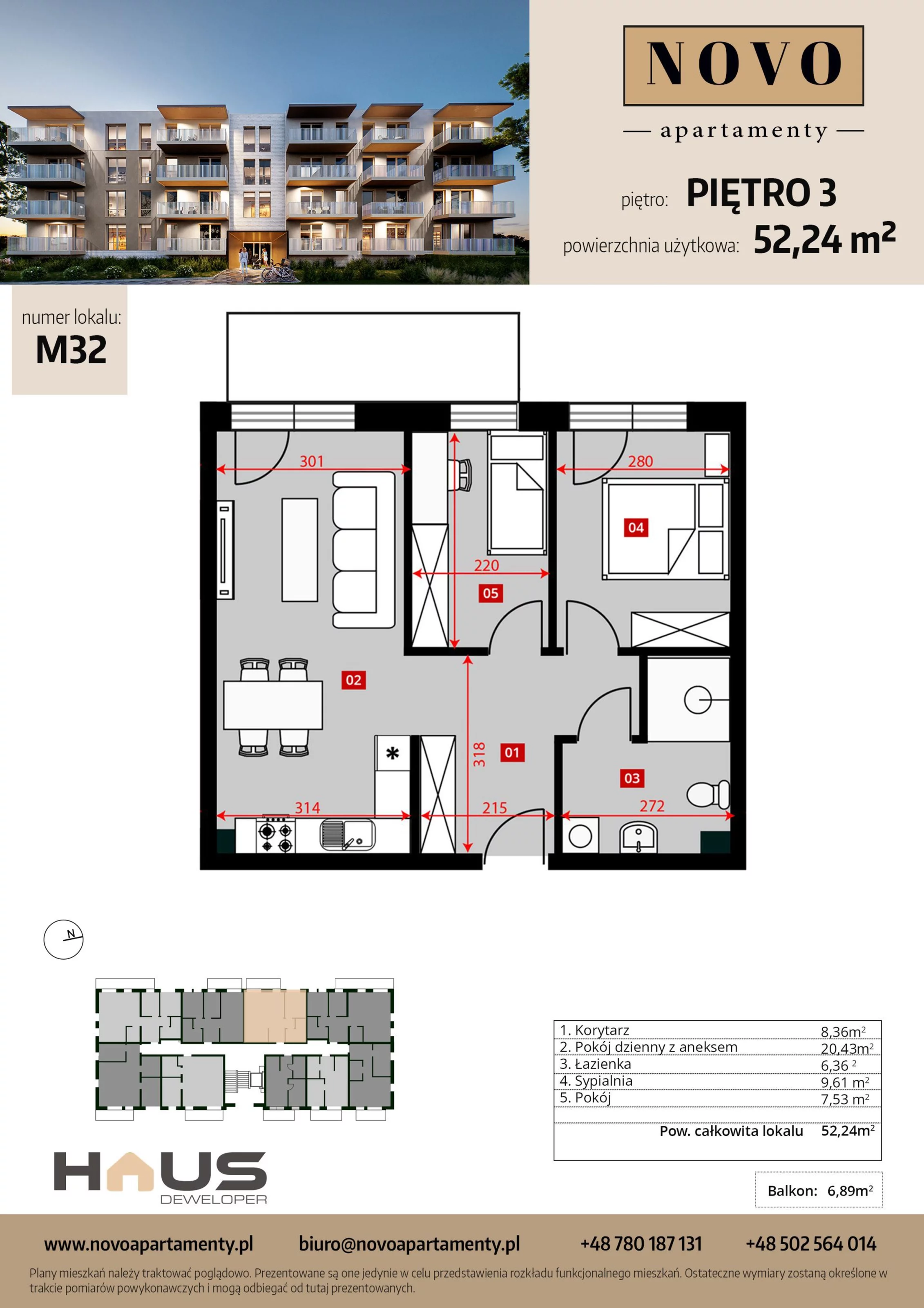 Mieszkanie 52,24 m², piętro 3, oferta nr M32, Apartamenty NOVO, Nysa, ul. Franciszkańska