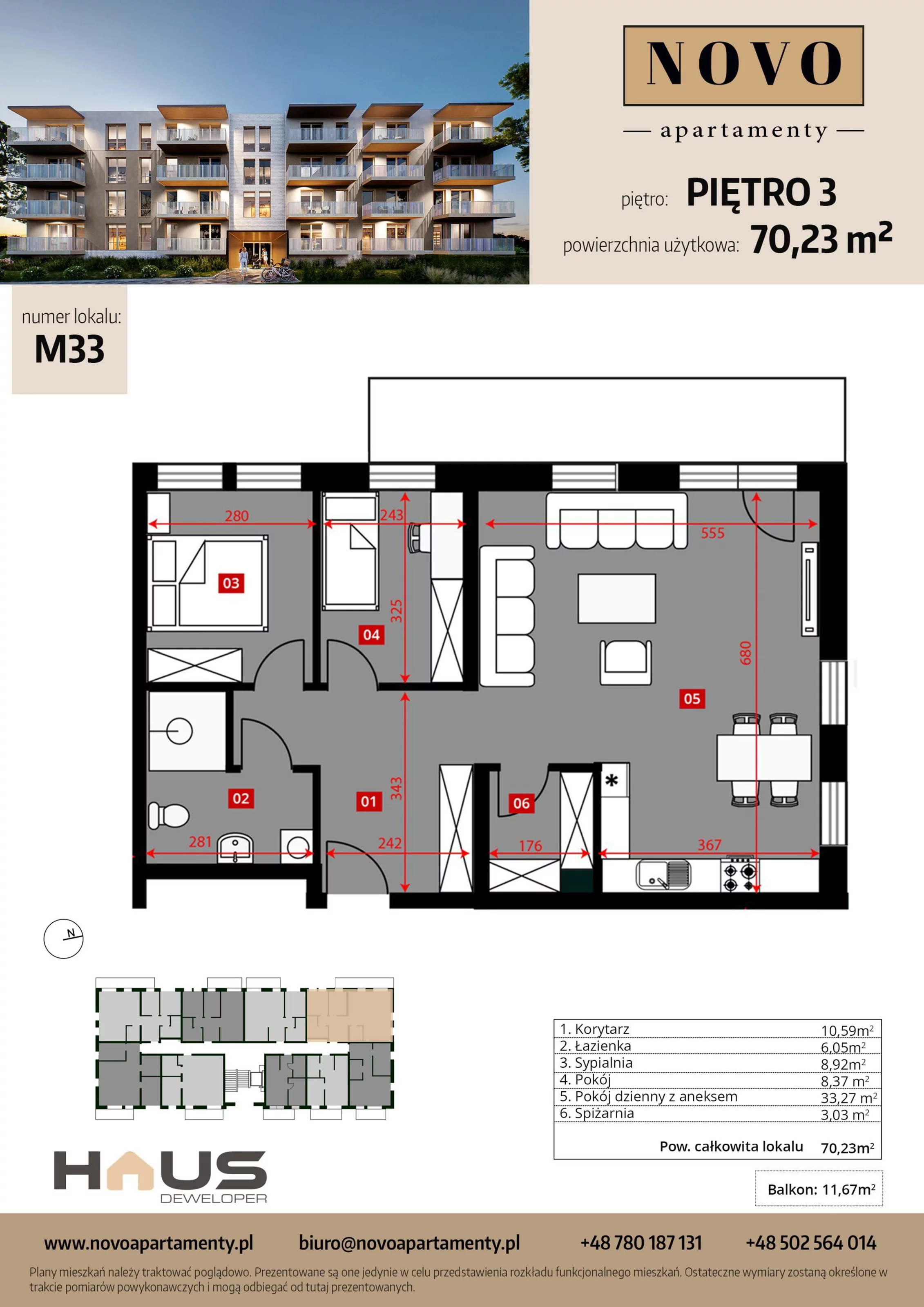 Mieszkanie 70,23 m², piętro 3, oferta nr M33, Apartamenty NOVO, Nysa, ul. Franciszkańska