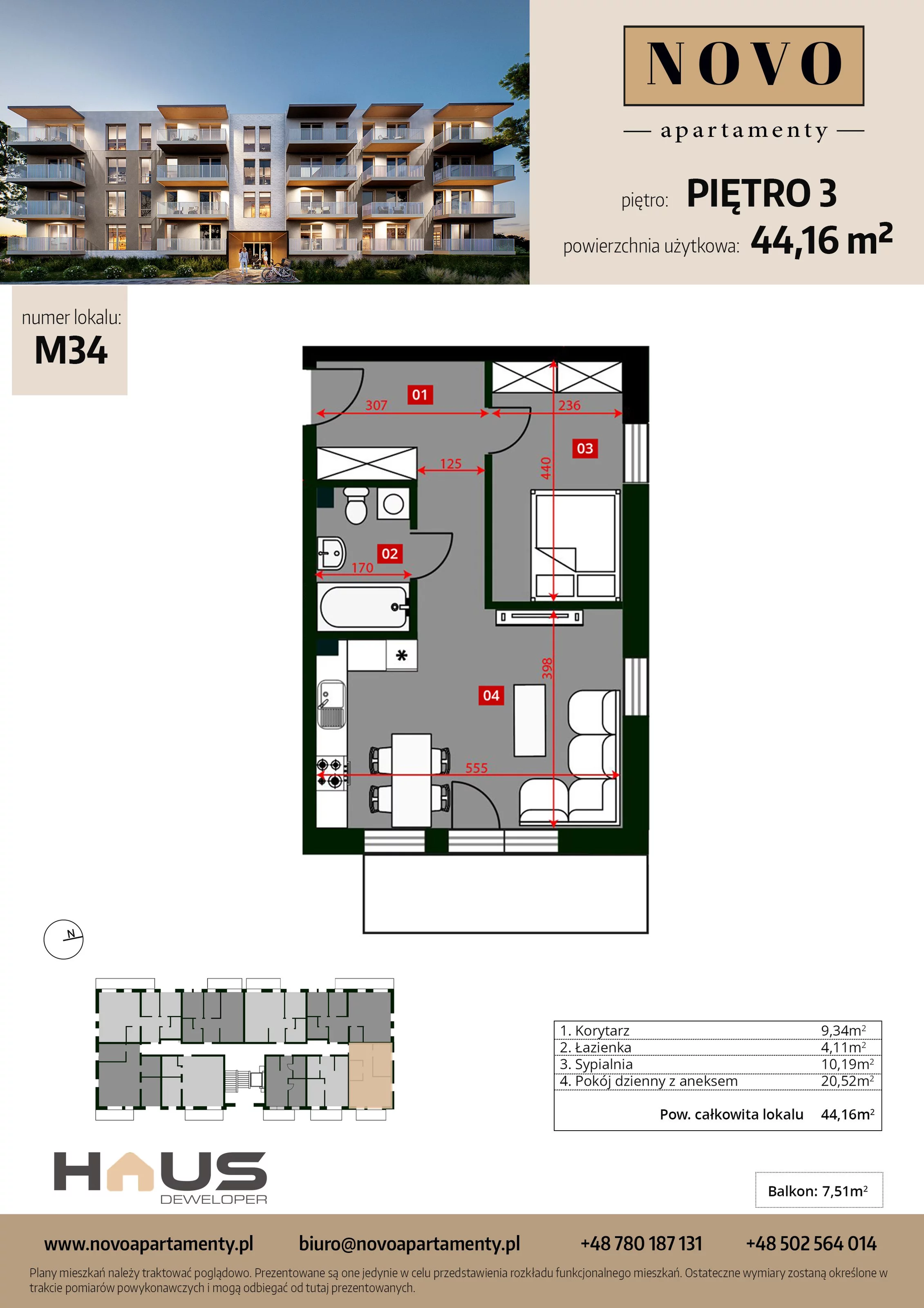 Mieszkanie 44,16 m², piętro 3, oferta nr M34, Apartamenty NOVO, Nysa, ul. Franciszkańska