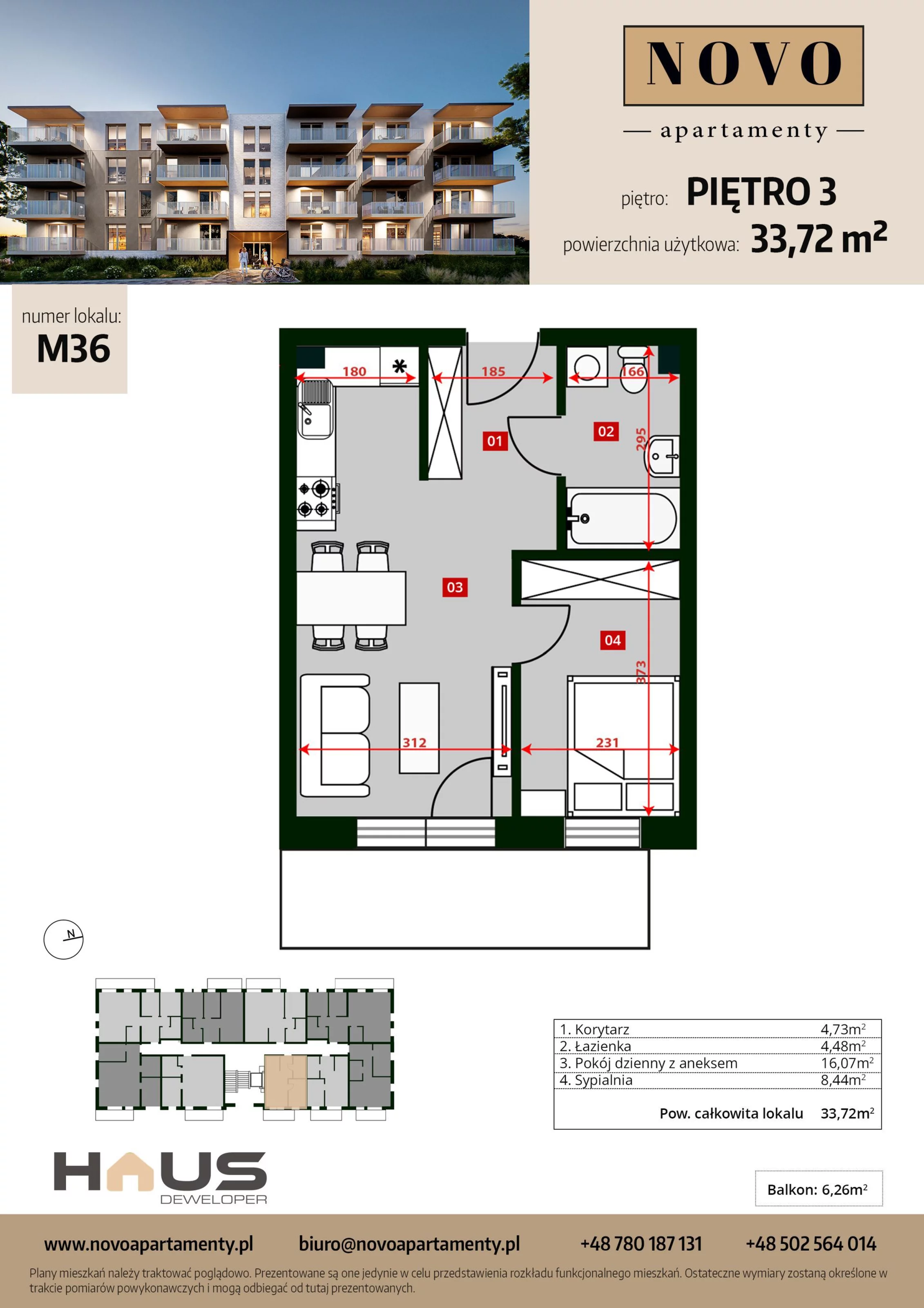 Mieszkanie 33,72 m², piętro 3, oferta nr M36, Apartamenty NOVO, Nysa, ul. Franciszkańska