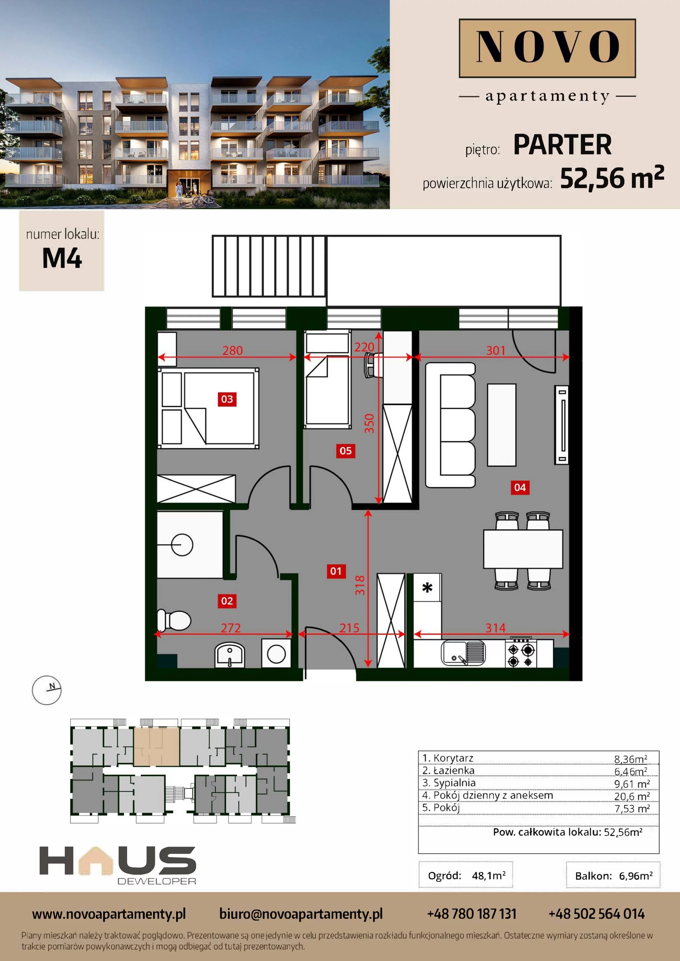 Mieszkanie 52,56 m², parter, oferta nr M4, Apartamenty NOVO, Nysa, ul. Franciszkańska