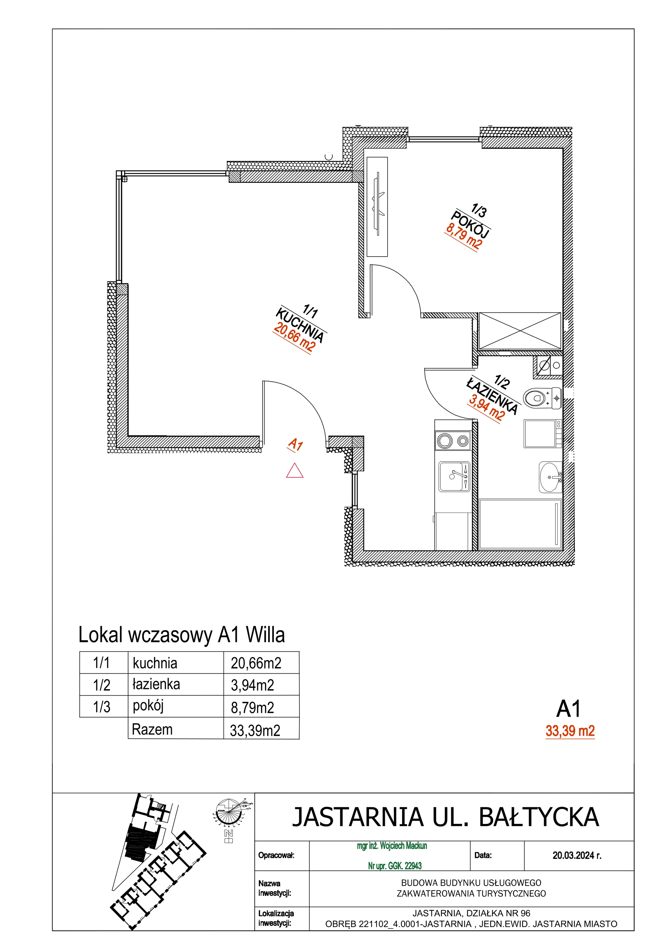 Apartament inwestycyjny 33,39 m², parter, oferta nr A1 Willa, Apartamenty Wyspa, Jastarnia, ul. Bałtycka 5