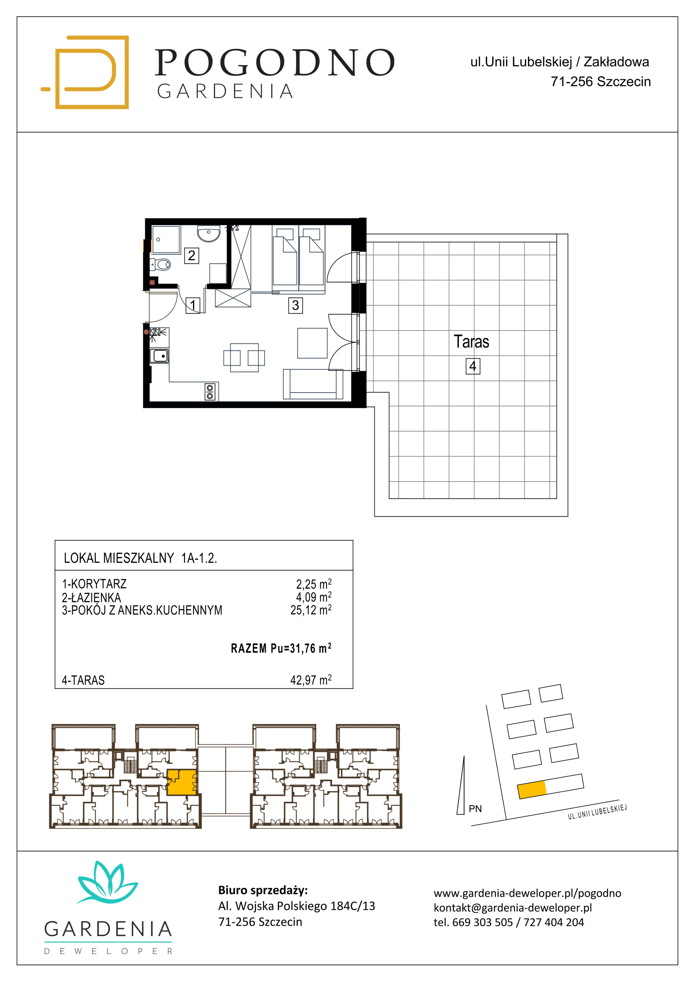 Mieszkanie 31,76 m², piętro 1, oferta nr 1A-1-2, Gardenia Pogodno, Szczecin, Zachód, Pogodno, ul. Unii Lubelskiej