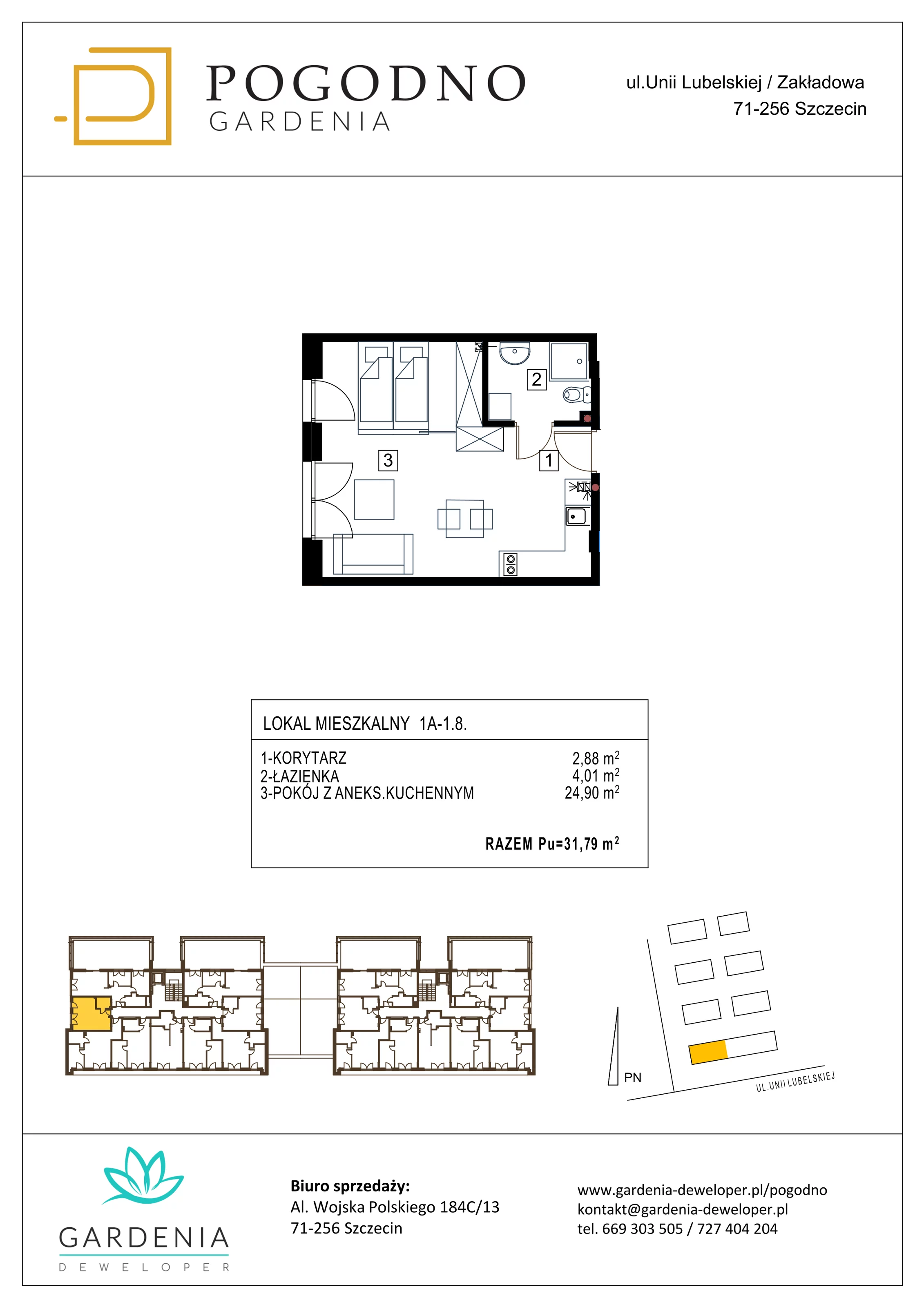 Mieszkanie 31,79 m², piętro 1, oferta nr 1A-1-8, Gardenia Pogodno, Szczecin, Zachód, Pogodno, ul. Unii Lubelskiej