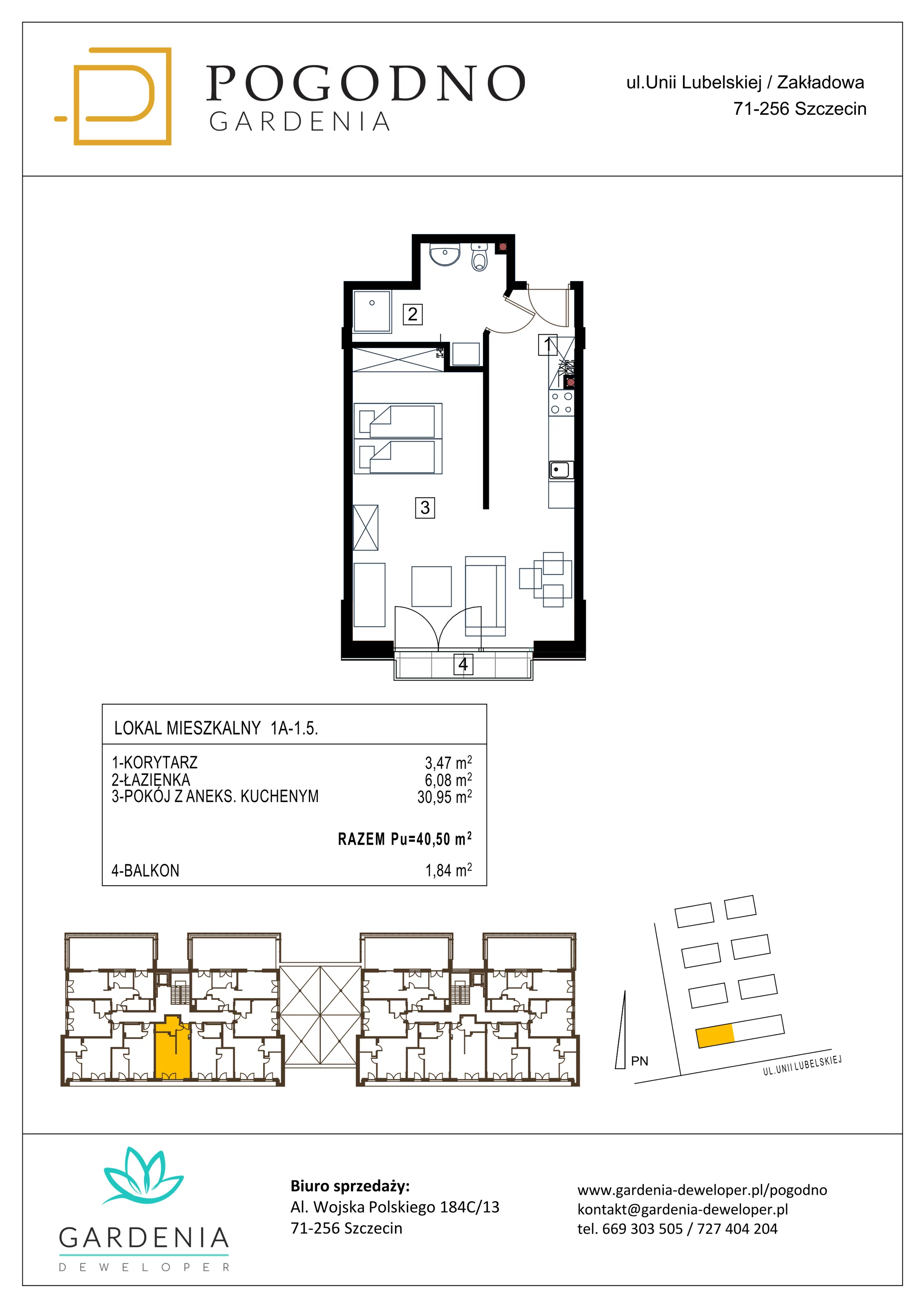 Mieszkanie 40,50 m², piętro 1, oferta nr 1A-1-5, Gardenia Pogodno, Szczecin, Zachód, Pogodno, ul. Unii Lubelskiej