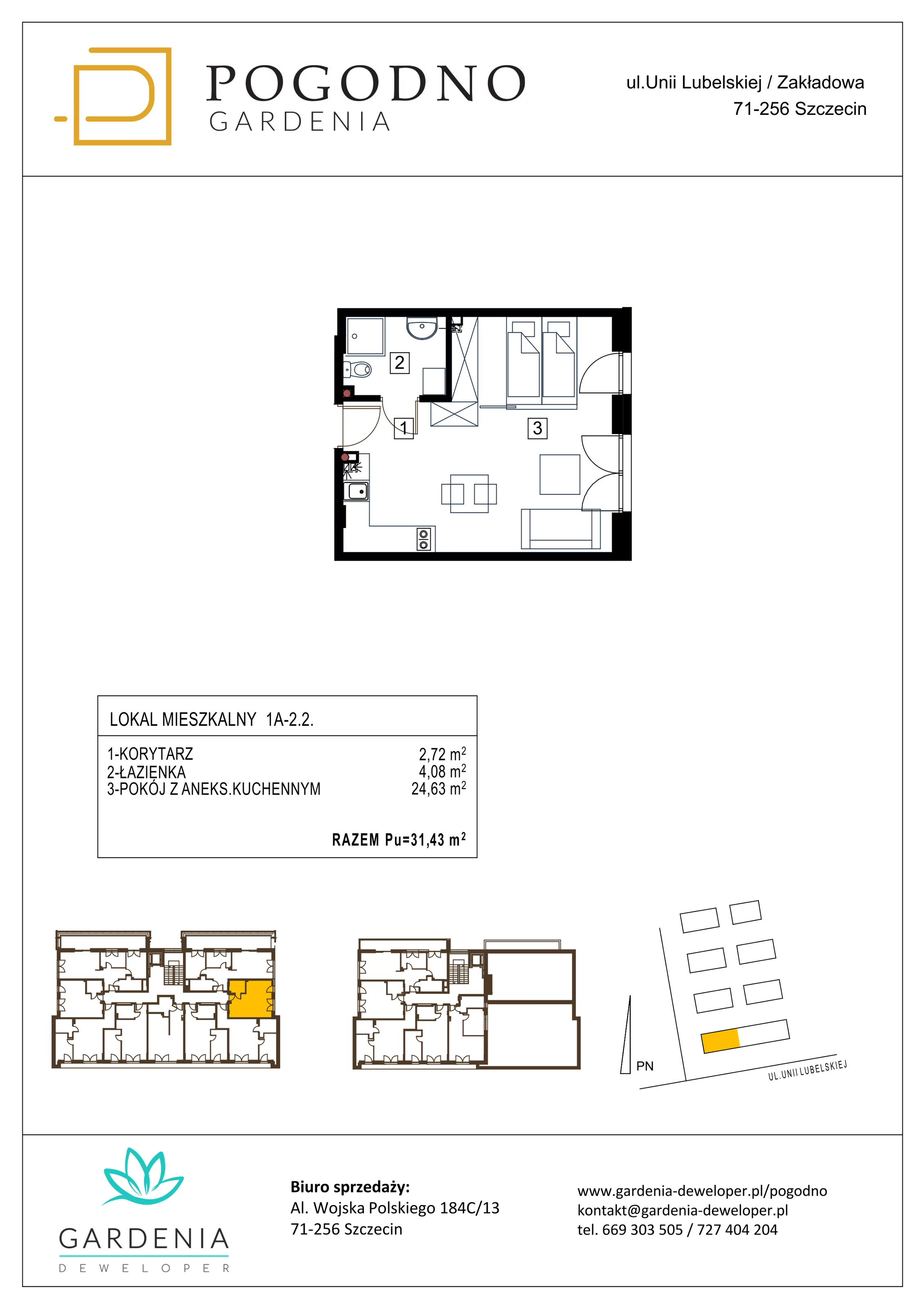 Mieszkanie 31,43 m², piętro 2, oferta nr 1A-2-2, Gardenia Pogodno, Szczecin, Zachód, Pogodno, ul. Unii Lubelskiej