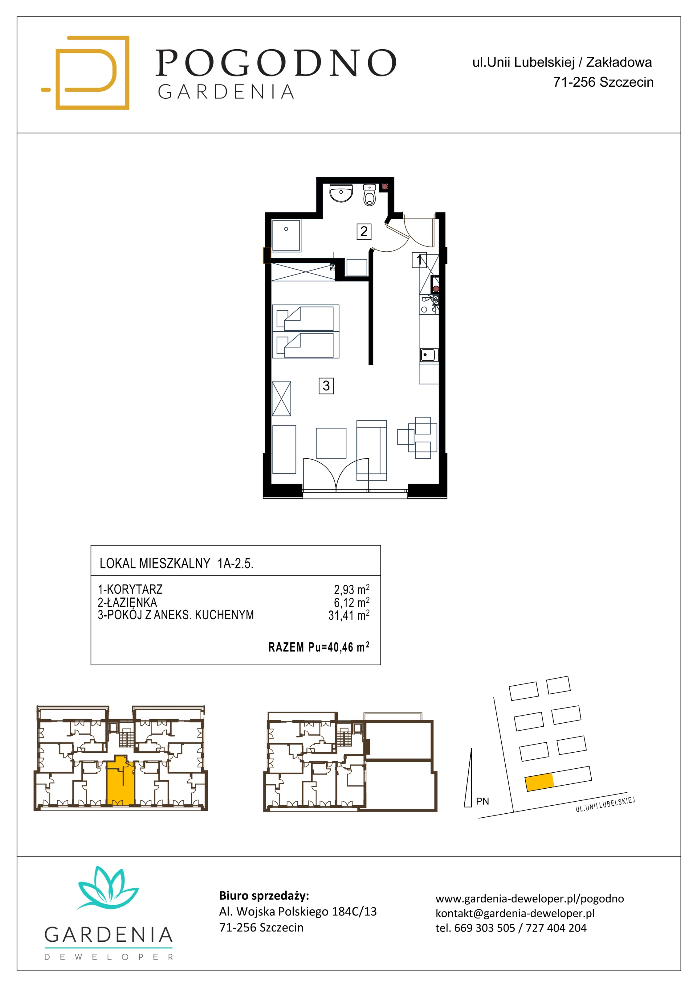 Mieszkanie 40,46 m², piętro 2, oferta nr 1A-2-5, Gardenia Pogodno, Szczecin, Zachód, Pogodno, ul. Unii Lubelskiej