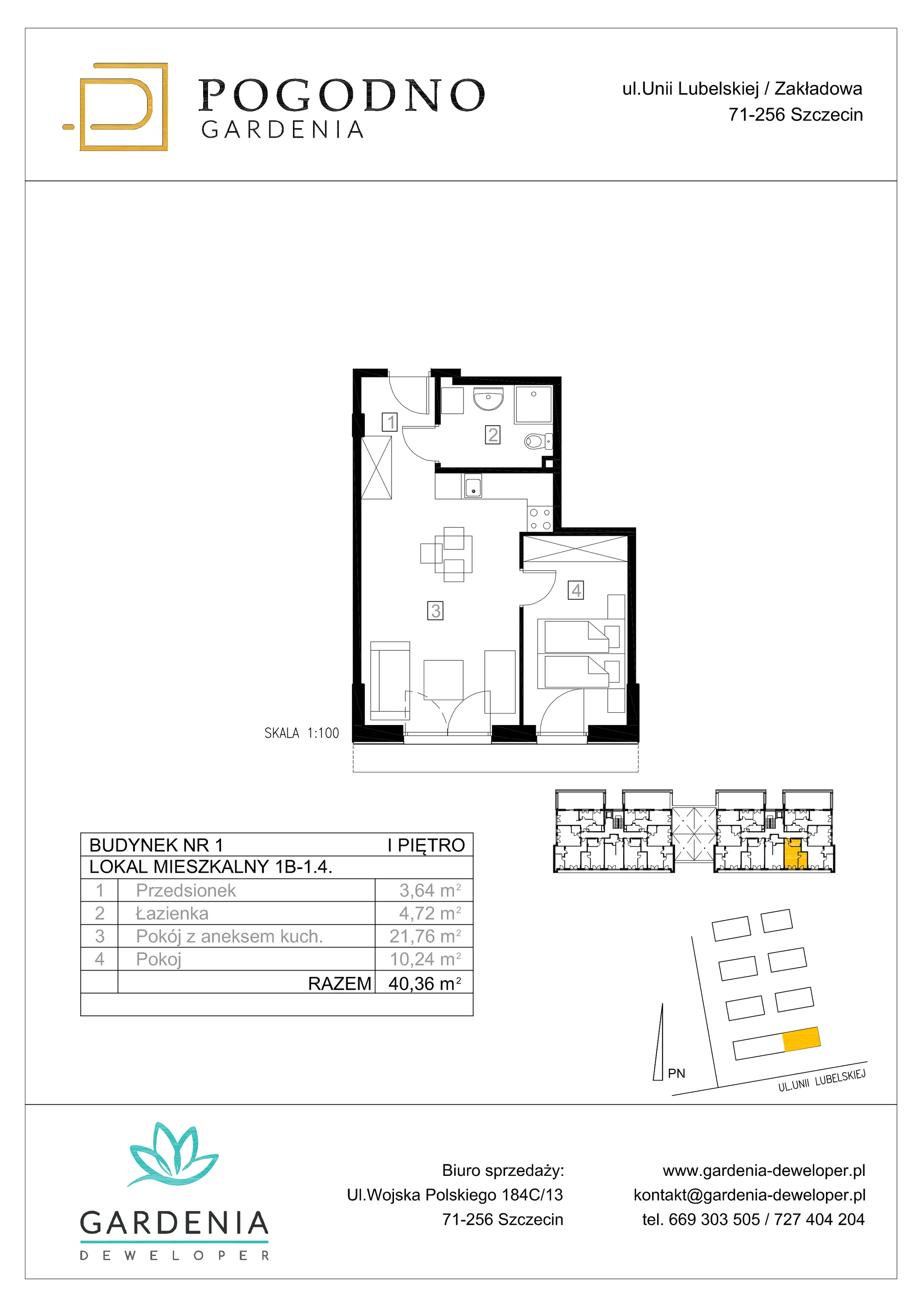 Mieszkanie 40,33 m², piętro 1, oferta nr 1B-1-4, Gardenia Pogodno, Szczecin, Zachód, Pogodno, ul. Unii Lubelskiej