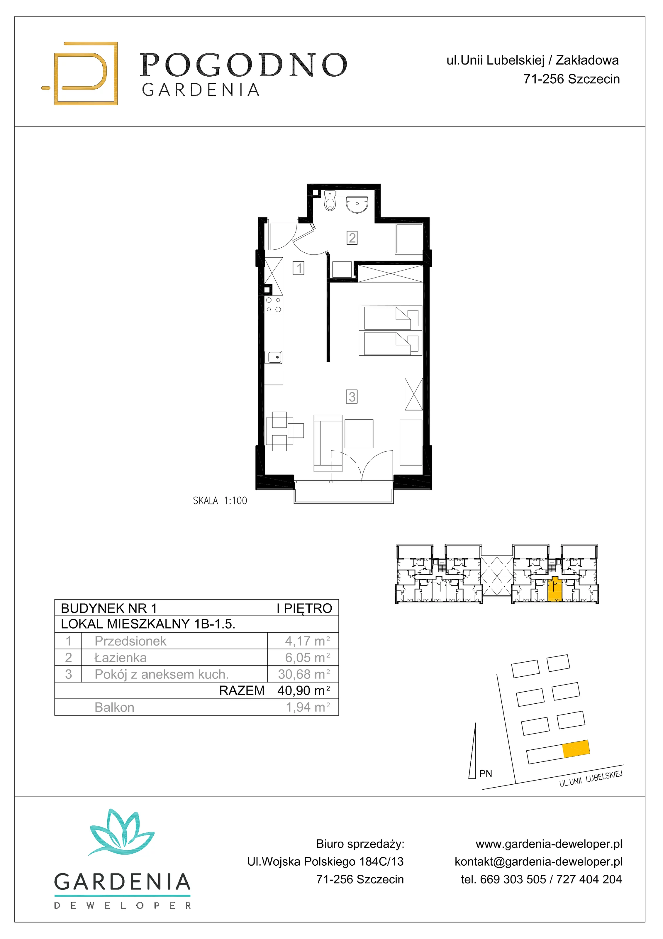 Mieszkanie 40,49 m², piętro 1, oferta nr 1B-1-5, Gardenia Pogodno, Szczecin, Zachód, Pogodno, ul. Unii Lubelskiej