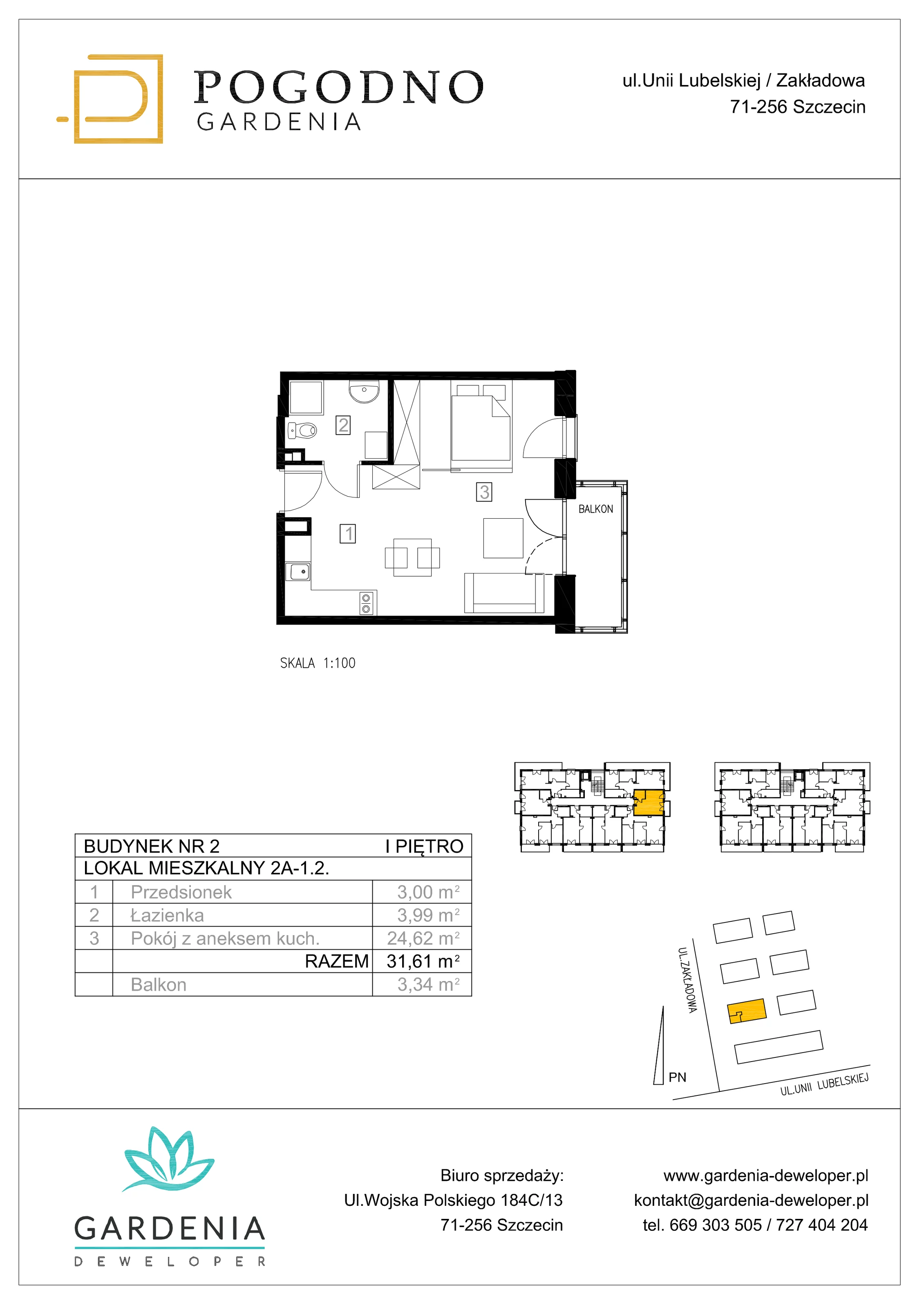 Mieszkanie 31,61 m², piętro 1, oferta nr 2A-1-2, Gardenia Pogodno, Szczecin, Zachód, Pogodno, ul. Unii Lubelskiej