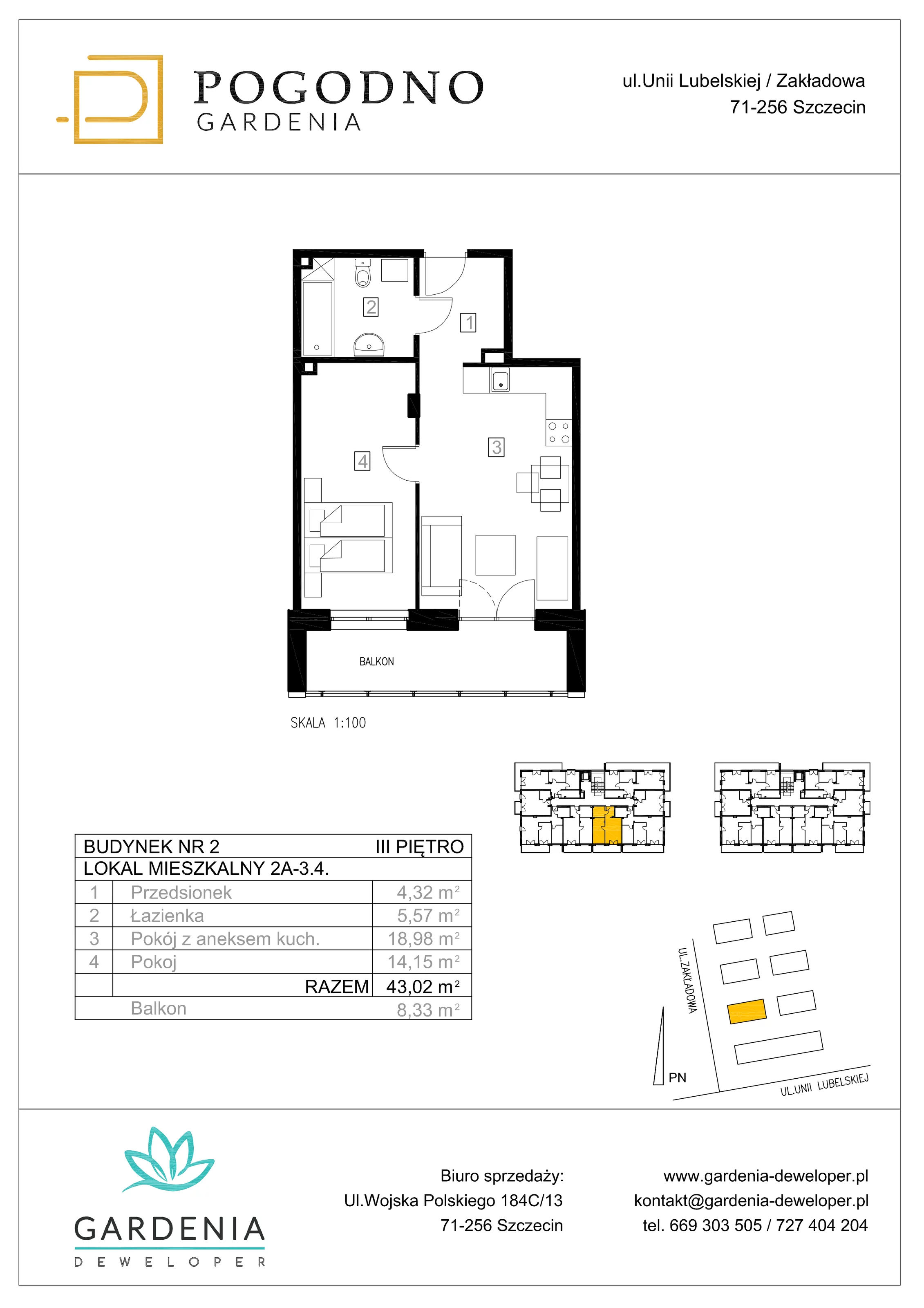 Mieszkanie 42,74 m², piętro 3, oferta nr 2A-3-4, Gardenia Pogodno, Szczecin, Zachód, Pogodno, ul. Unii Lubelskiej