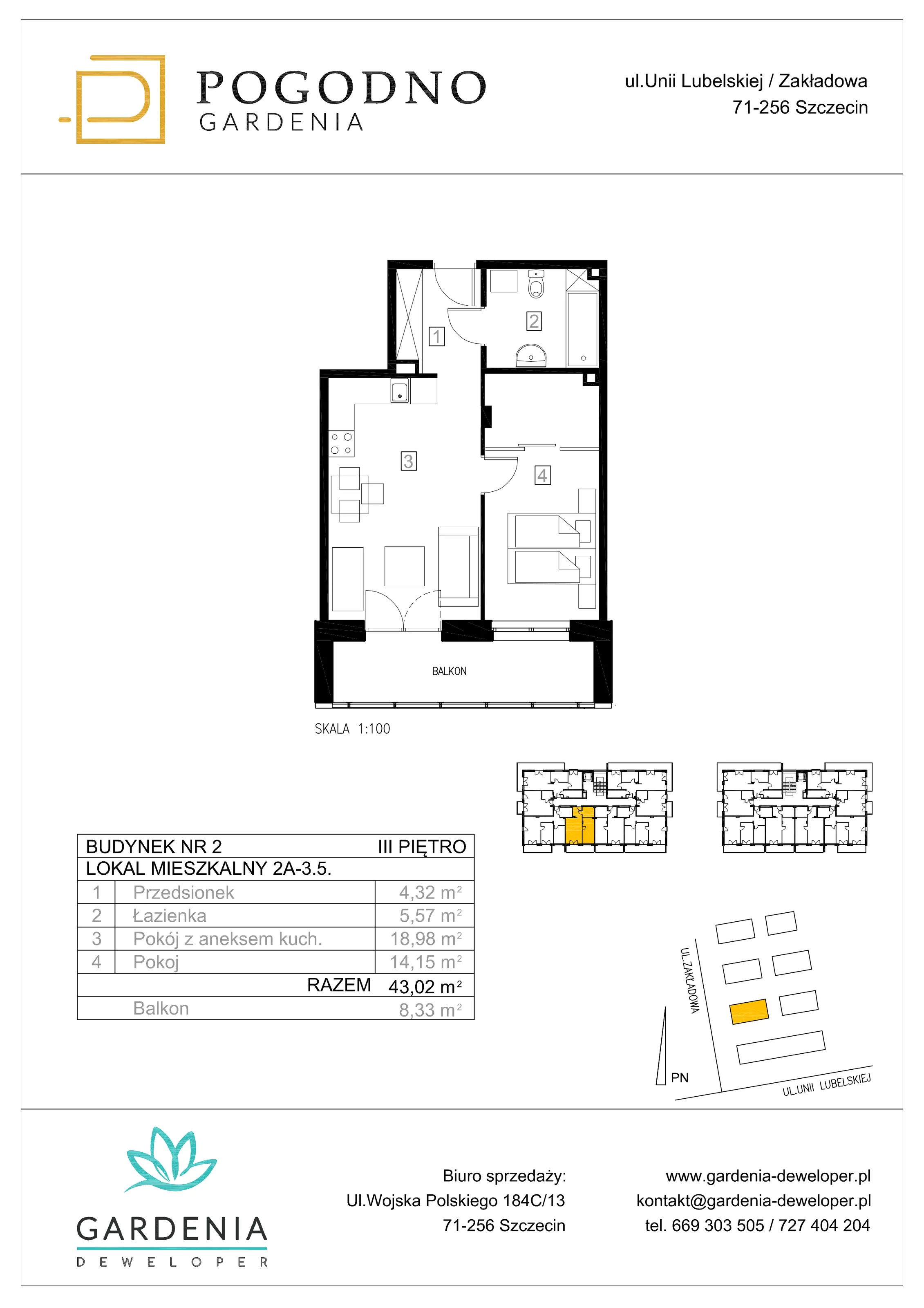 Mieszkanie 42,81 m², piętro 3, oferta nr 2A-3-5, Gardenia Pogodno, Szczecin, Zachód, Pogodno, ul. Unii Lubelskiej