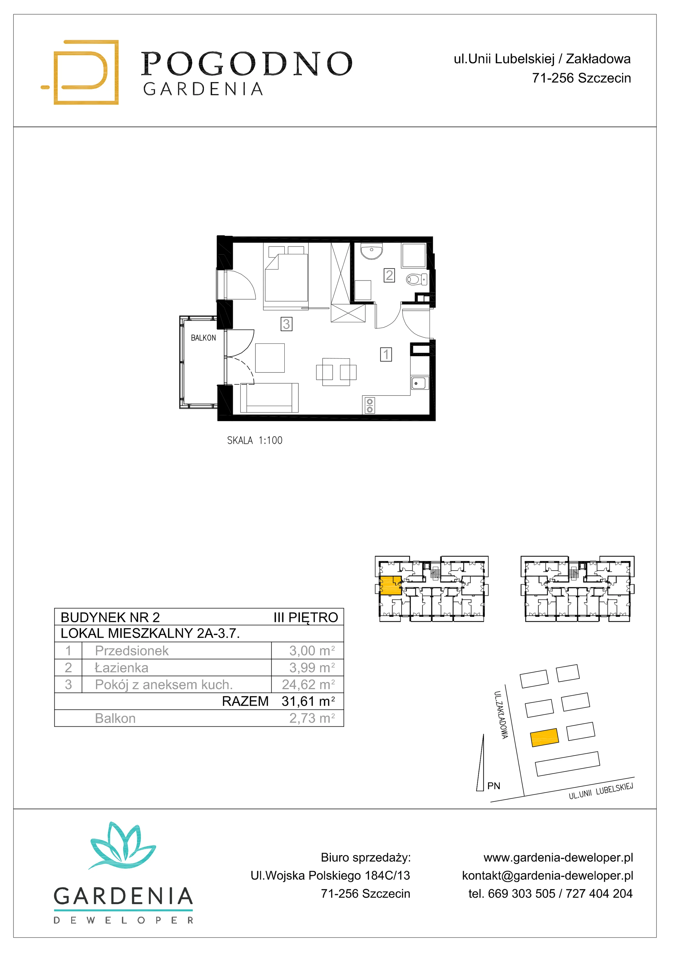 Mieszkanie 31,58 m², piętro 3, oferta nr 2A-3-7, Gardenia Pogodno, Szczecin, Zachód, Pogodno, ul. Unii Lubelskiej