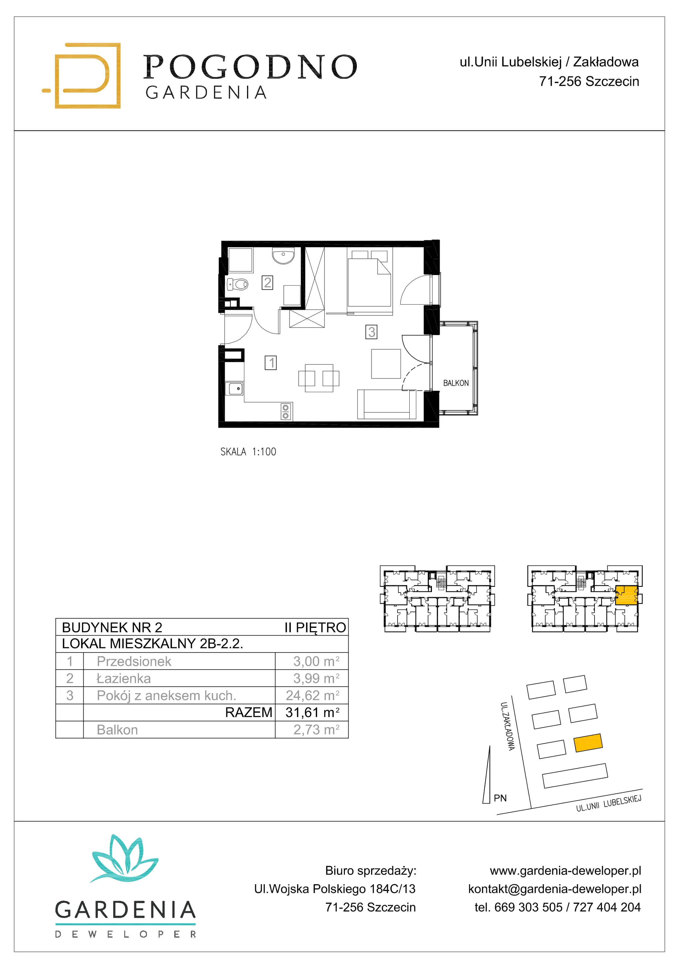 Mieszkanie 31,55 m², piętro 2, oferta nr 2B-2-2, Gardenia Pogodno, Szczecin, Zachód, Pogodno, ul. Unii Lubelskiej