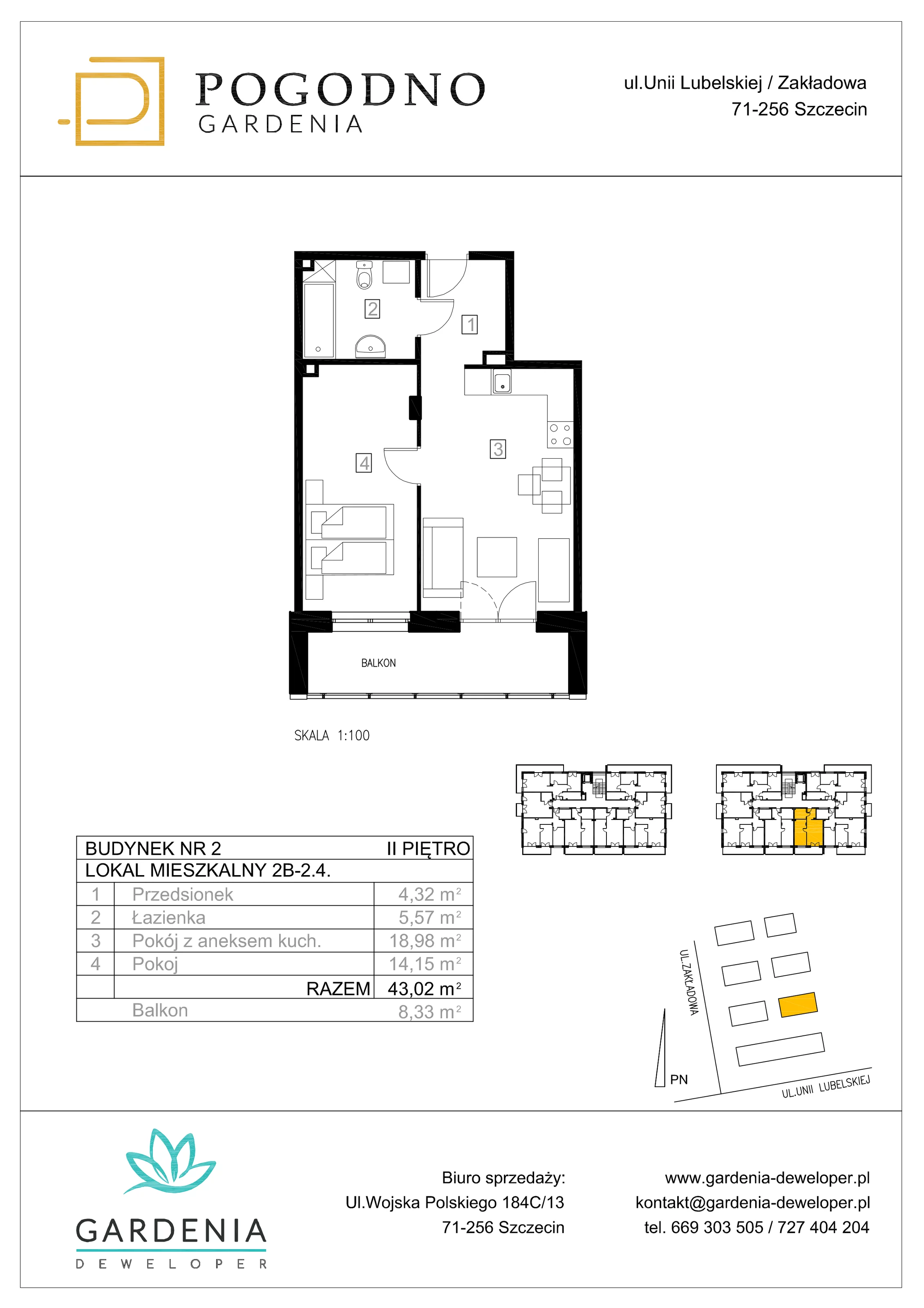 Mieszkanie 42,80 m², piętro 2, oferta nr 2B-2-4, Gardenia Pogodno, Szczecin, Zachód, Pogodno, ul. Unii Lubelskiej