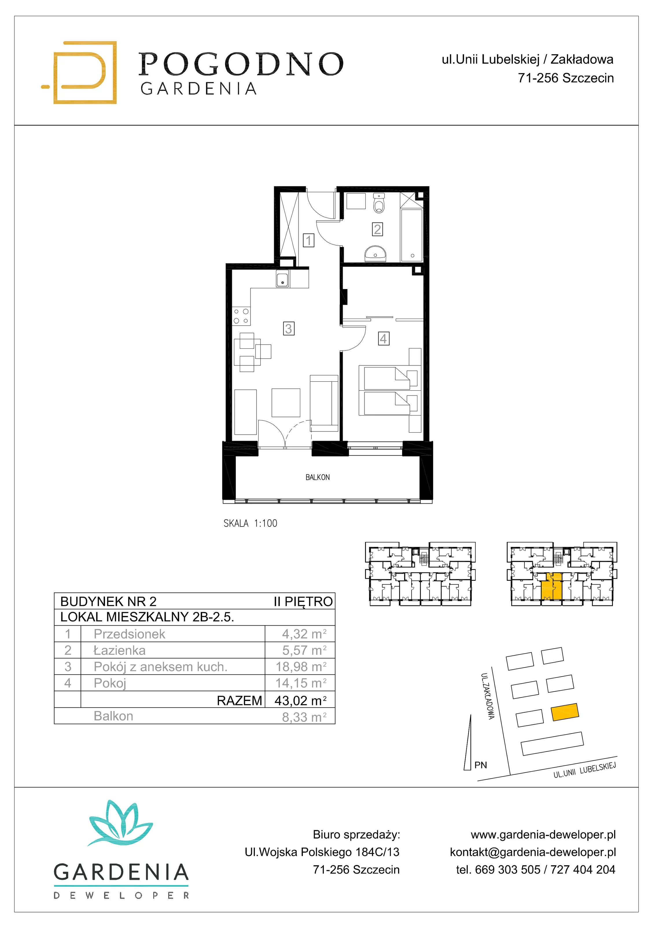 Mieszkanie 42,80 m², piętro 2, oferta nr 2B-2-5, Gardenia Pogodno, Szczecin, Zachód, Pogodno, ul. Unii Lubelskiej