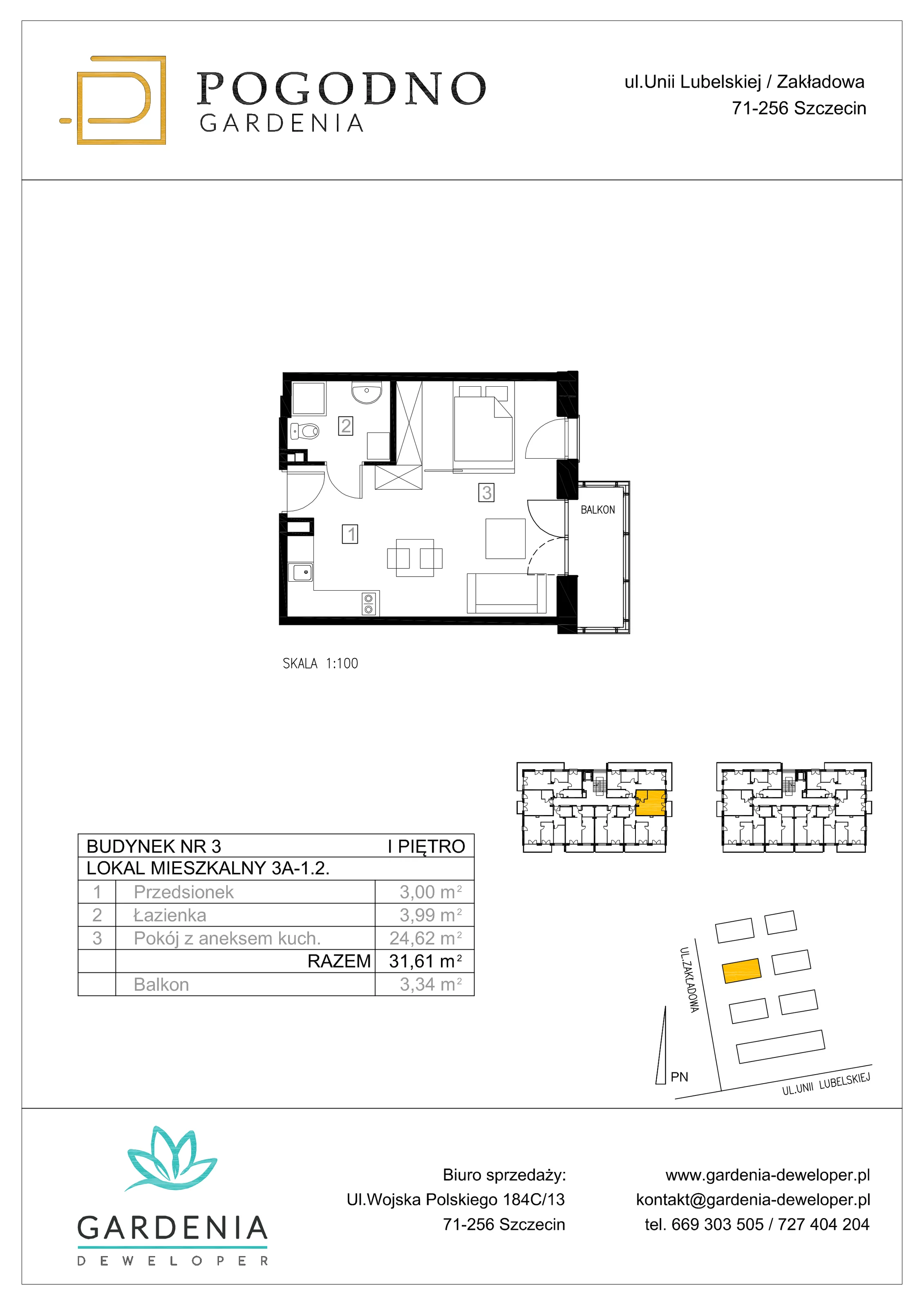 Mieszkanie 31,71 m², piętro 1, oferta nr 3A-1-2, Gardenia Pogodno, Szczecin, Zachód, Pogodno, ul. Unii Lubelskiej