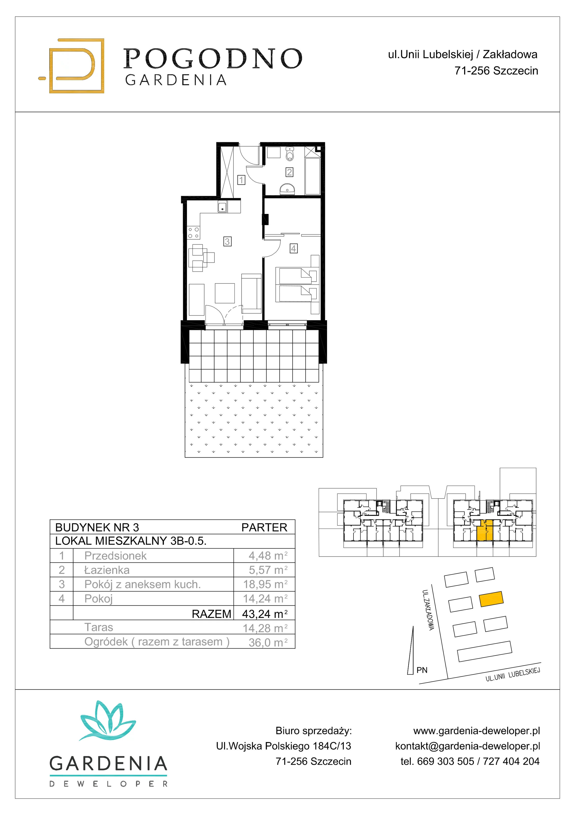 Mieszkanie 42,96 m², parter, oferta nr 3B-0-5, Gardenia Pogodno, Szczecin, Zachód, Pogodno, ul. Unii Lubelskiej