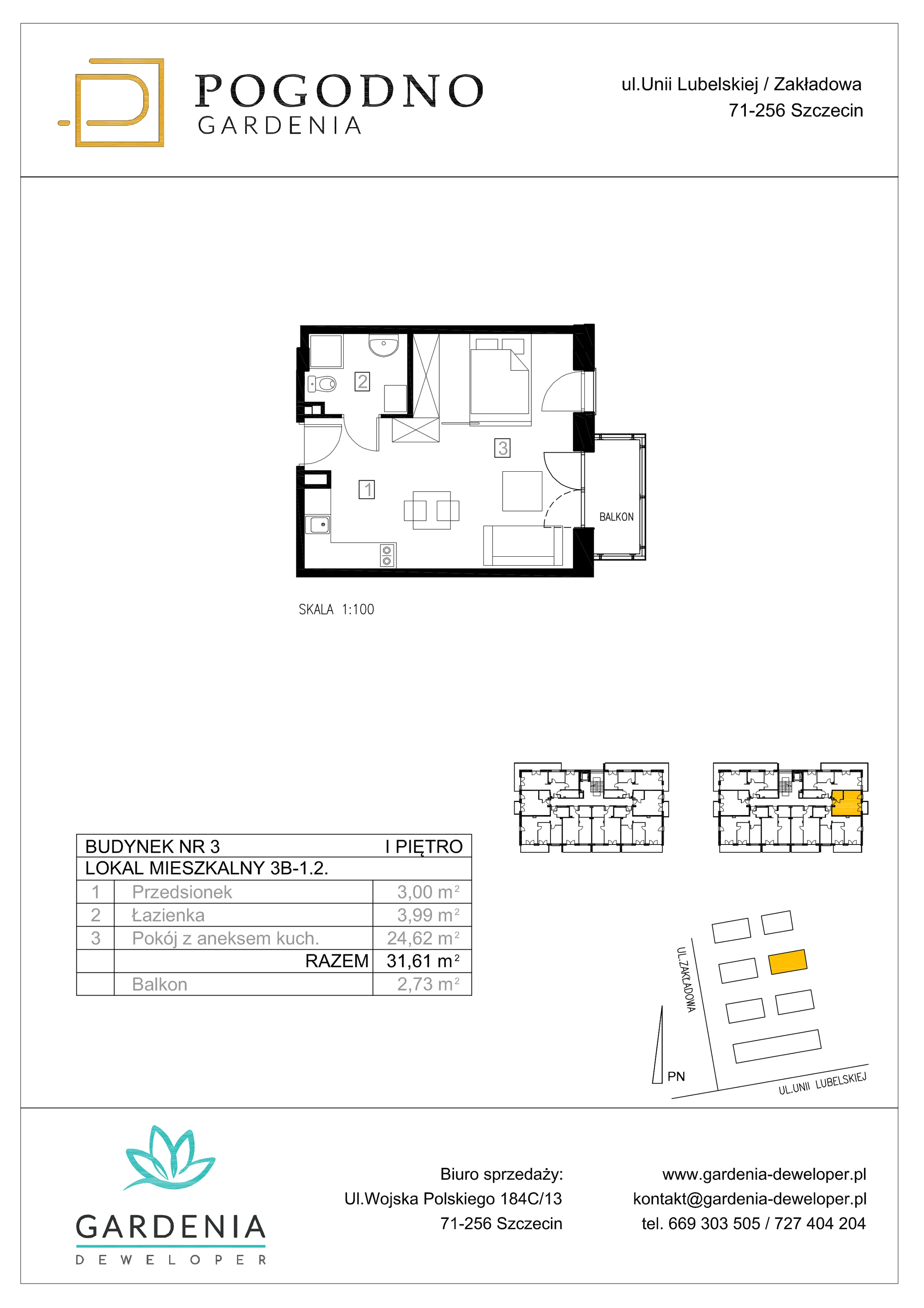 Mieszkanie 31,57 m², piętro 1, oferta nr 3B-1-2, Gardenia Pogodno, Szczecin, Zachód, Pogodno, ul. Unii Lubelskiej