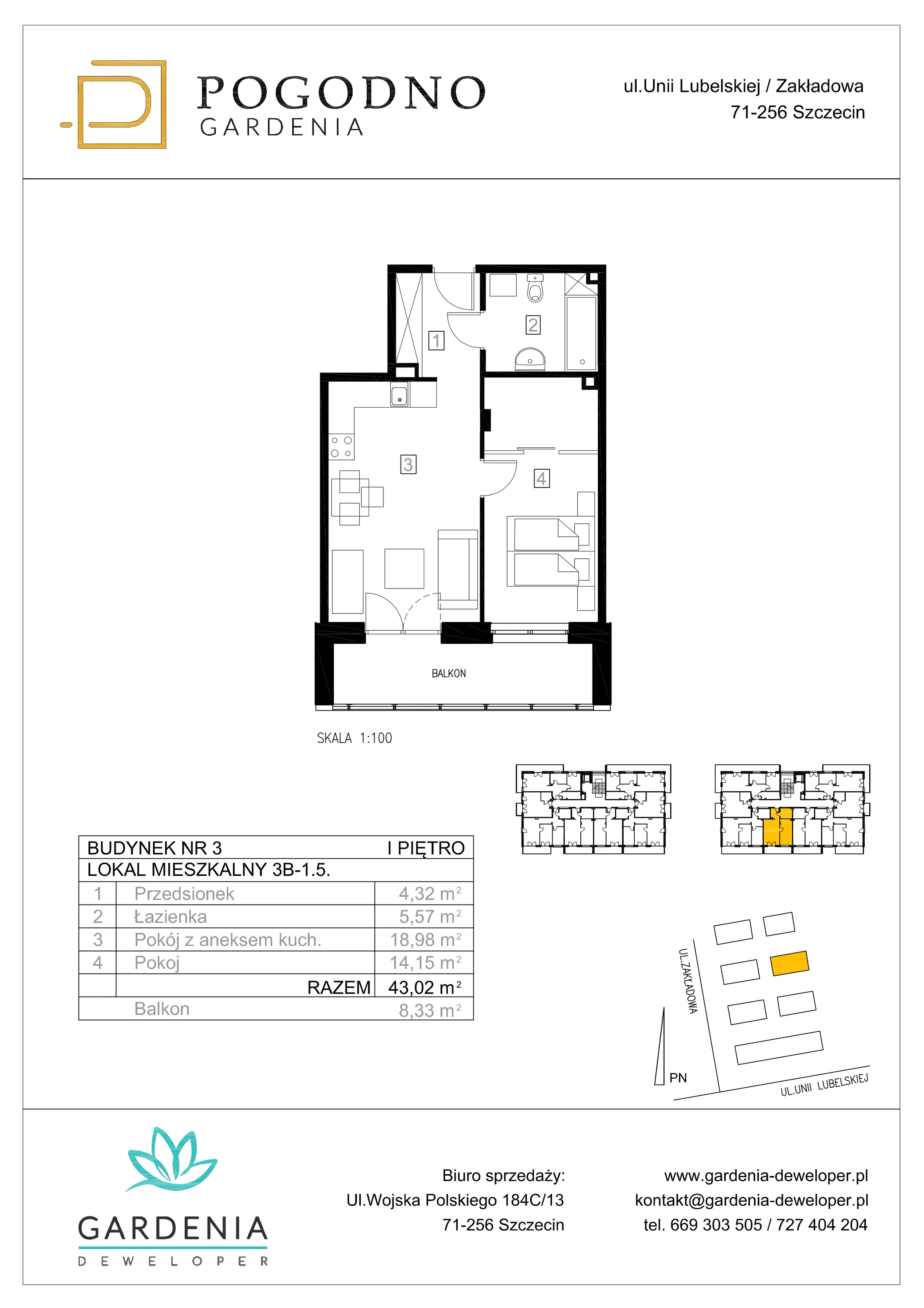 Mieszkanie 42,78 m², piętro 1, oferta nr 3B-1-5, Gardenia Pogodno, Szczecin, Zachód, Pogodno, ul. Unii Lubelskiej