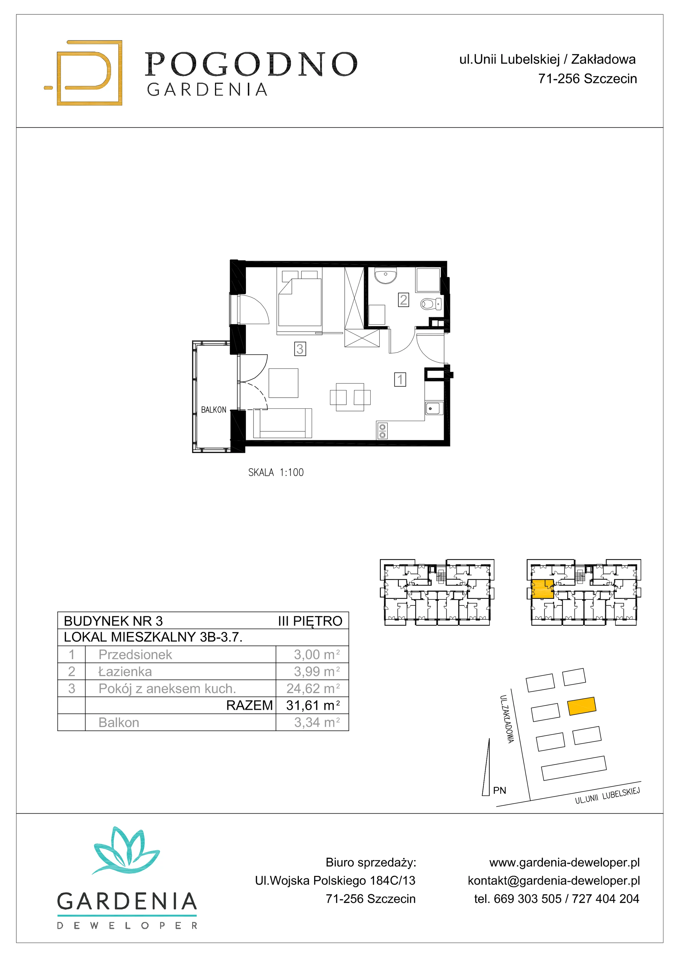 Mieszkanie 31,56 m², piętro 3, oferta nr 3B-3-7, Gardenia Pogodno, Szczecin, Zachód, Pogodno, ul. Unii Lubelskiej