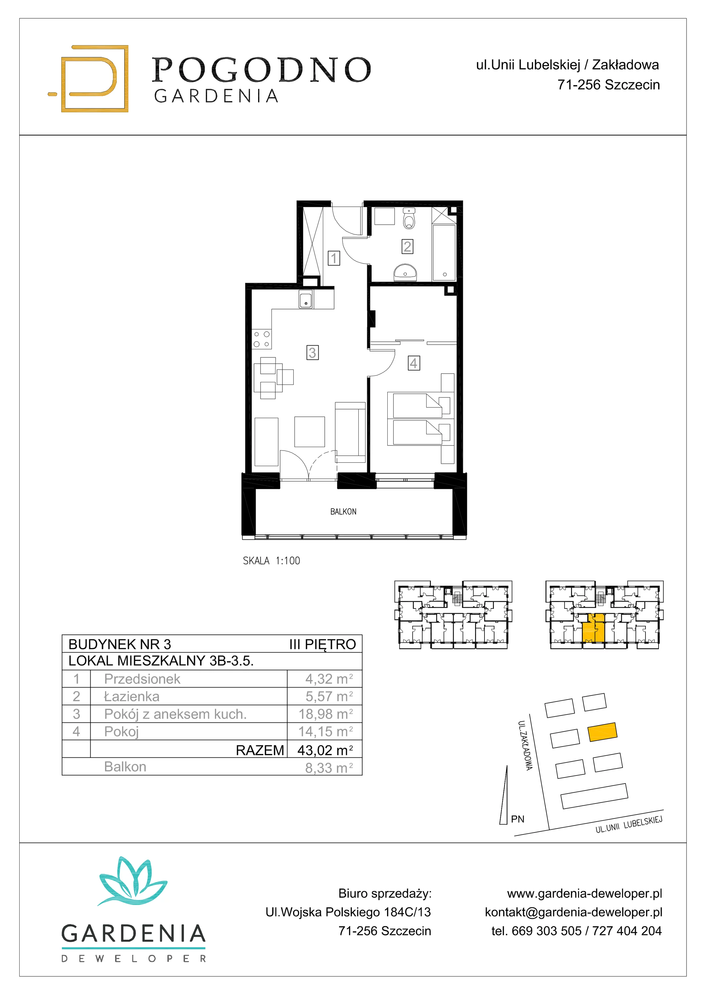 Mieszkanie 42,82 m², piętro 3, oferta nr 3B-3-5, Gardenia Pogodno, Szczecin, Zachód, Pogodno, ul. Unii Lubelskiej