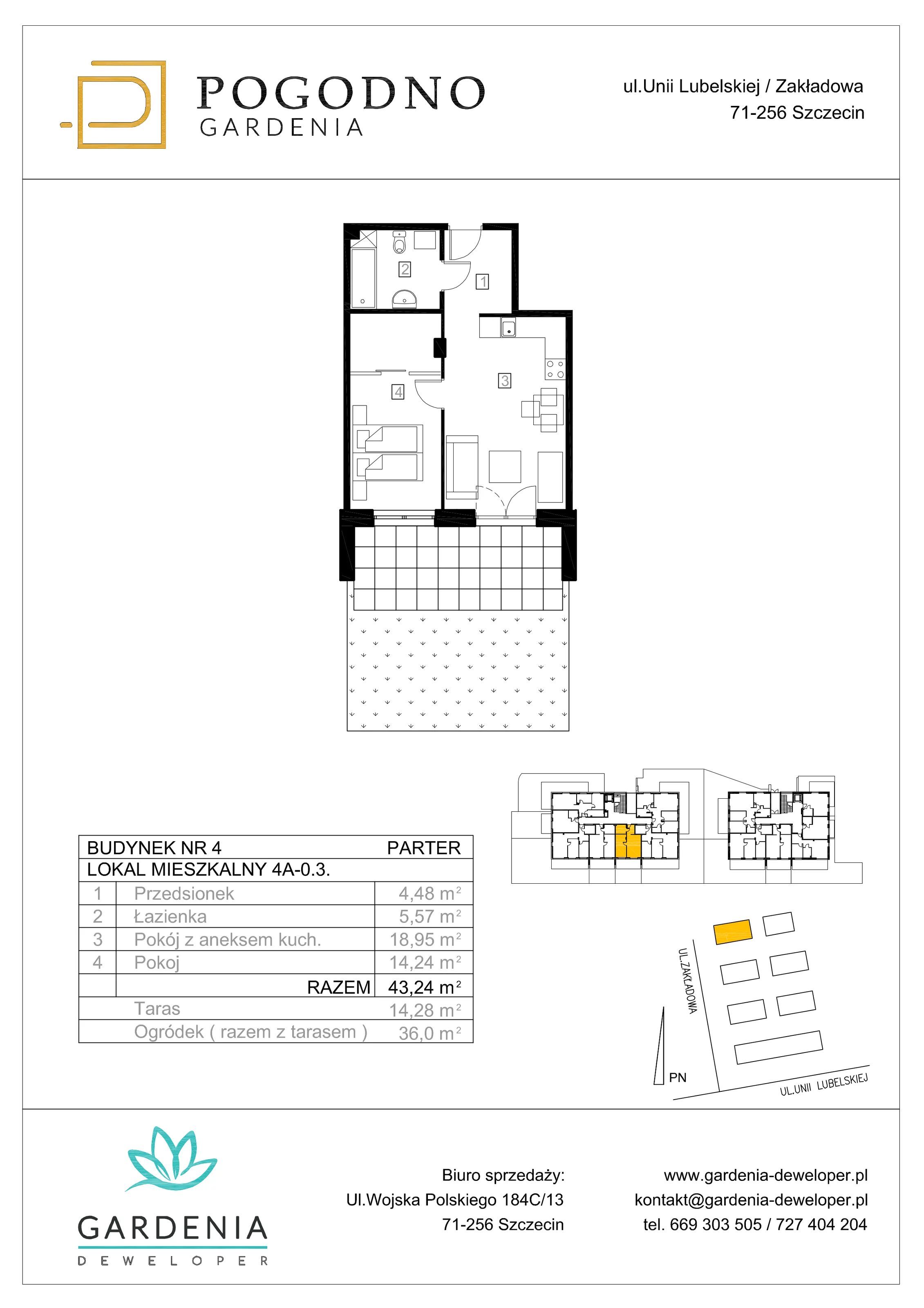 Mieszkanie 42,52 m², parter, oferta nr 4A-0-3, Gardenia Pogodno, Szczecin, Zachód, Pogodno, ul. Unii Lubelskiej