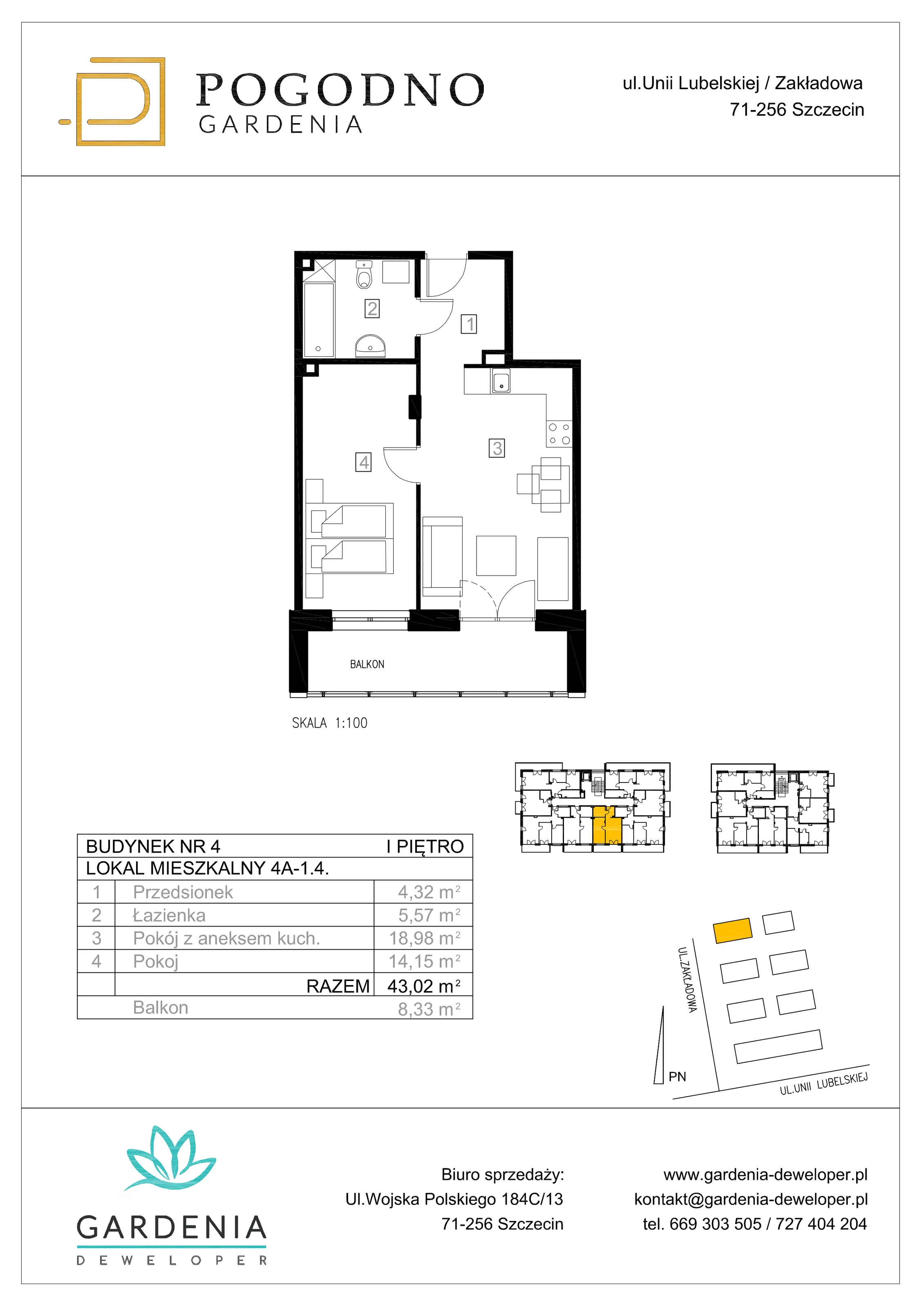 Mieszkanie 42,92 m², piętro 1, oferta nr 4A-1-4, Gardenia Pogodno, Szczecin, Zachód, Pogodno, ul. Unii Lubelskiej