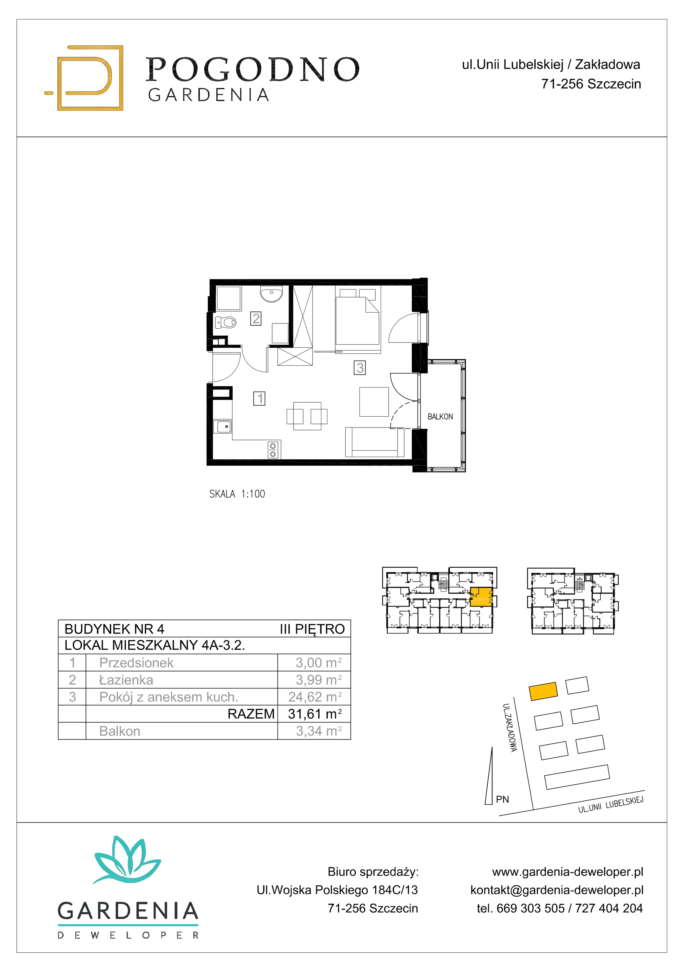 Mieszkanie 31,59 m², piętro 3, oferta nr 4A-3-2, Gardenia Pogodno, Szczecin, Zachód, Pogodno, ul. Unii Lubelskiej