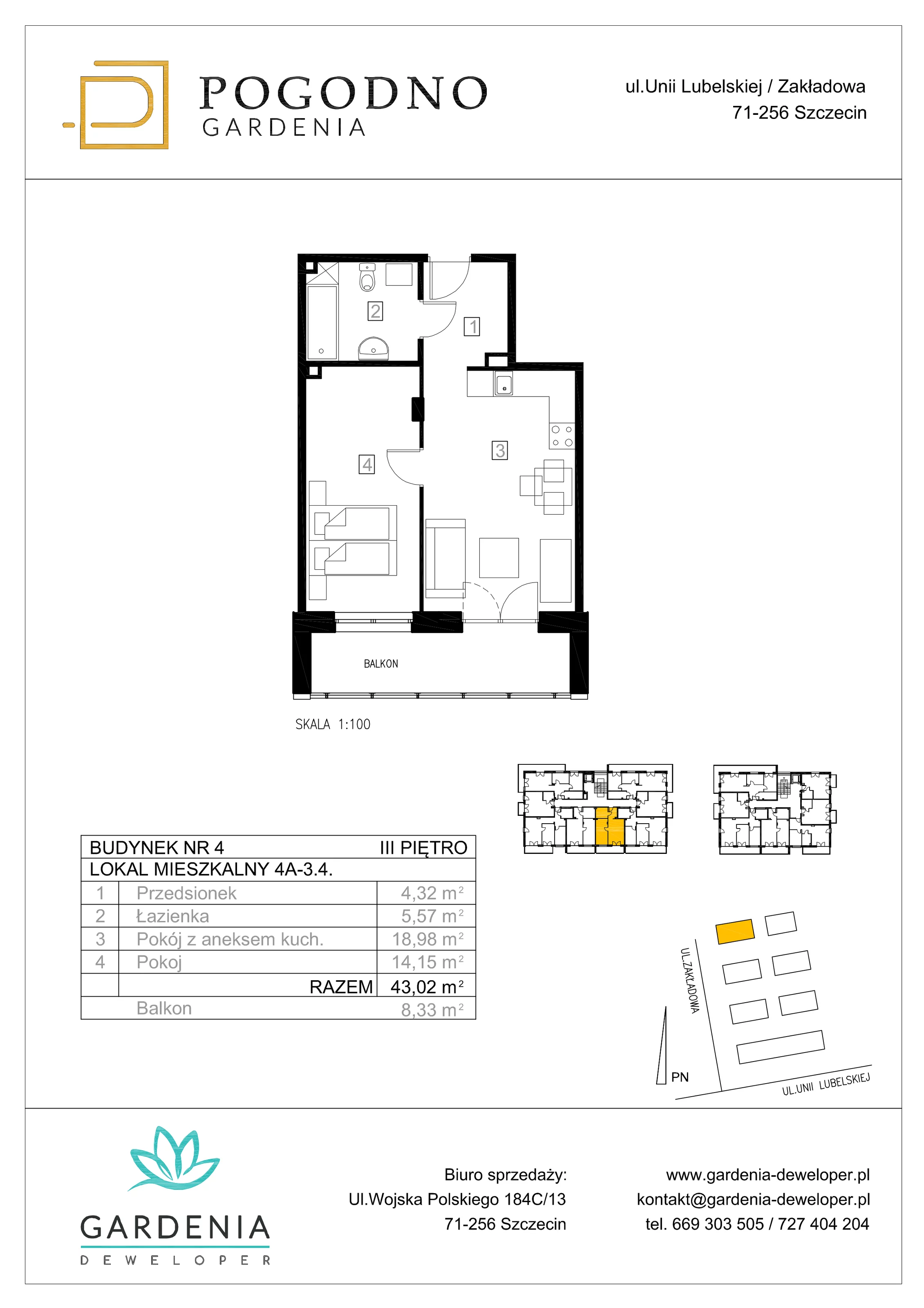 Mieszkanie 42,79 m², piętro 3, oferta nr 4A-3-4, Gardenia Pogodno, Szczecin, Zachód, Pogodno, ul. Unii Lubelskiej