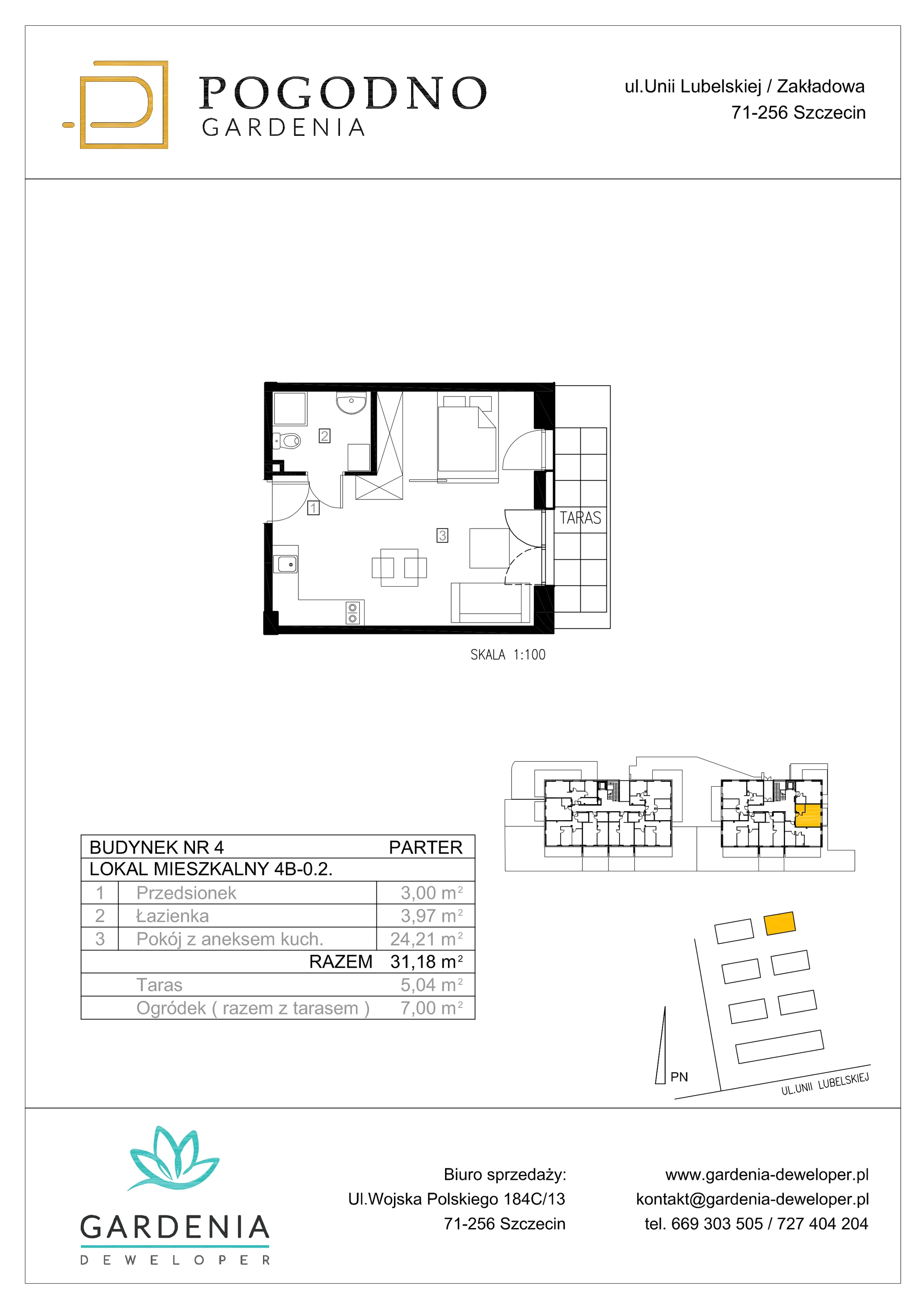 Mieszkanie 31,08 m², parter, oferta nr 4B-0-2, Gardenia Pogodno, Szczecin, Zachód, Pogodno, ul. Unii Lubelskiej