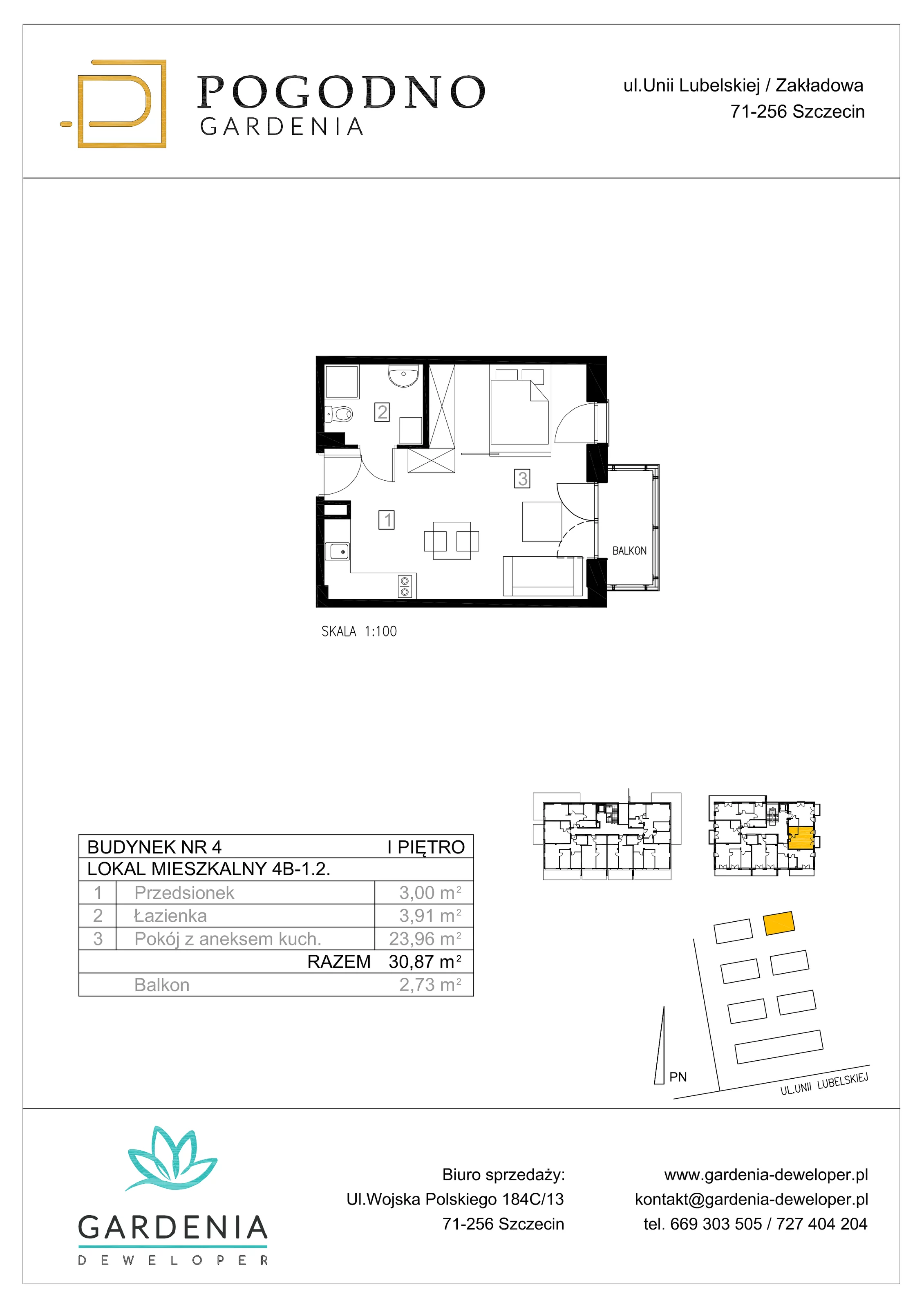 Mieszkanie 30,64 m², piętro 1, oferta nr 4B-1-2, Gardenia Pogodno, Szczecin, Zachód, Pogodno, ul. Unii Lubelskiej