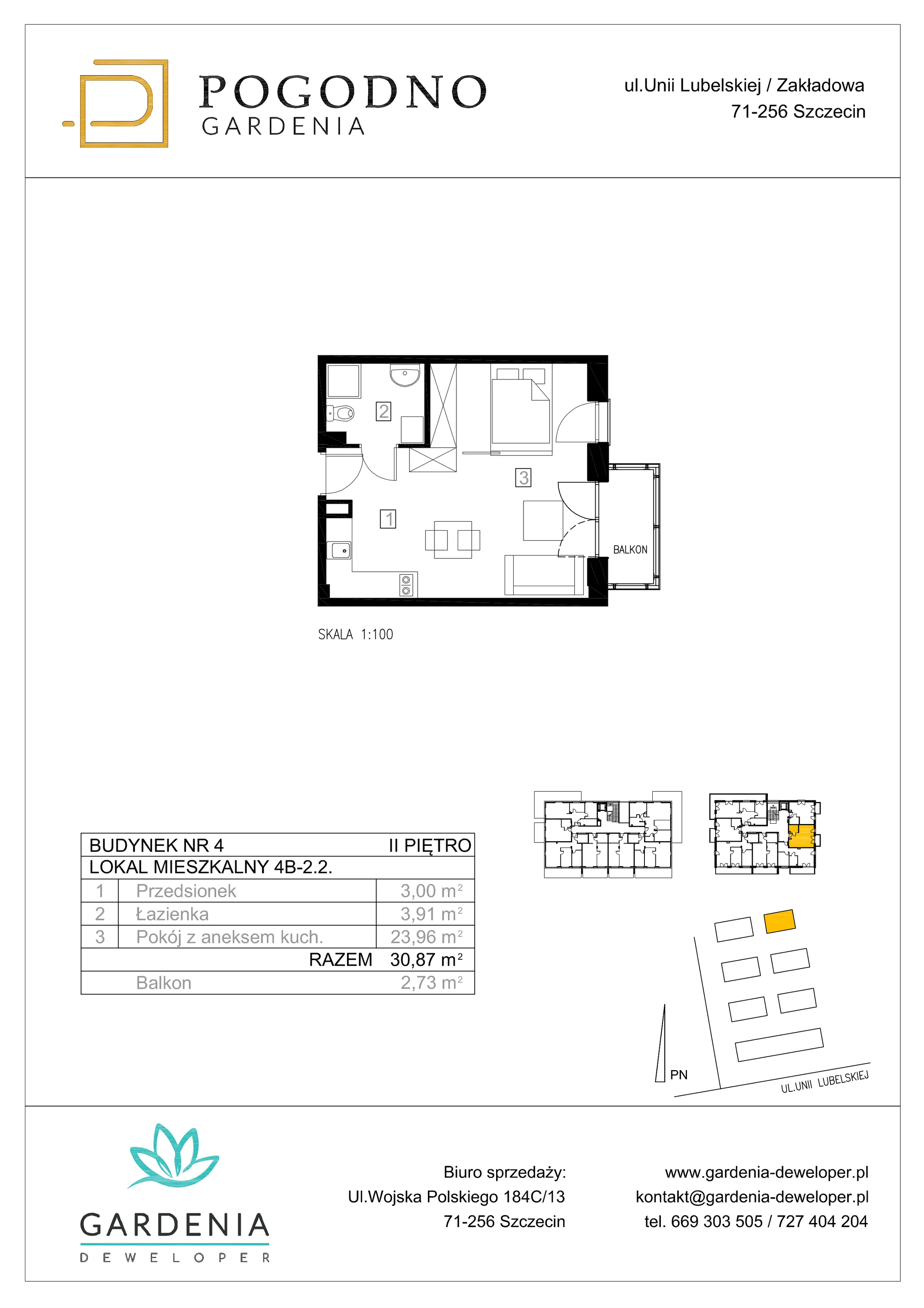 Mieszkanie 30,47 m², piętro 2, oferta nr 4B-2-2, Gardenia Pogodno, Szczecin, Zachód, Pogodno, ul. Unii Lubelskiej