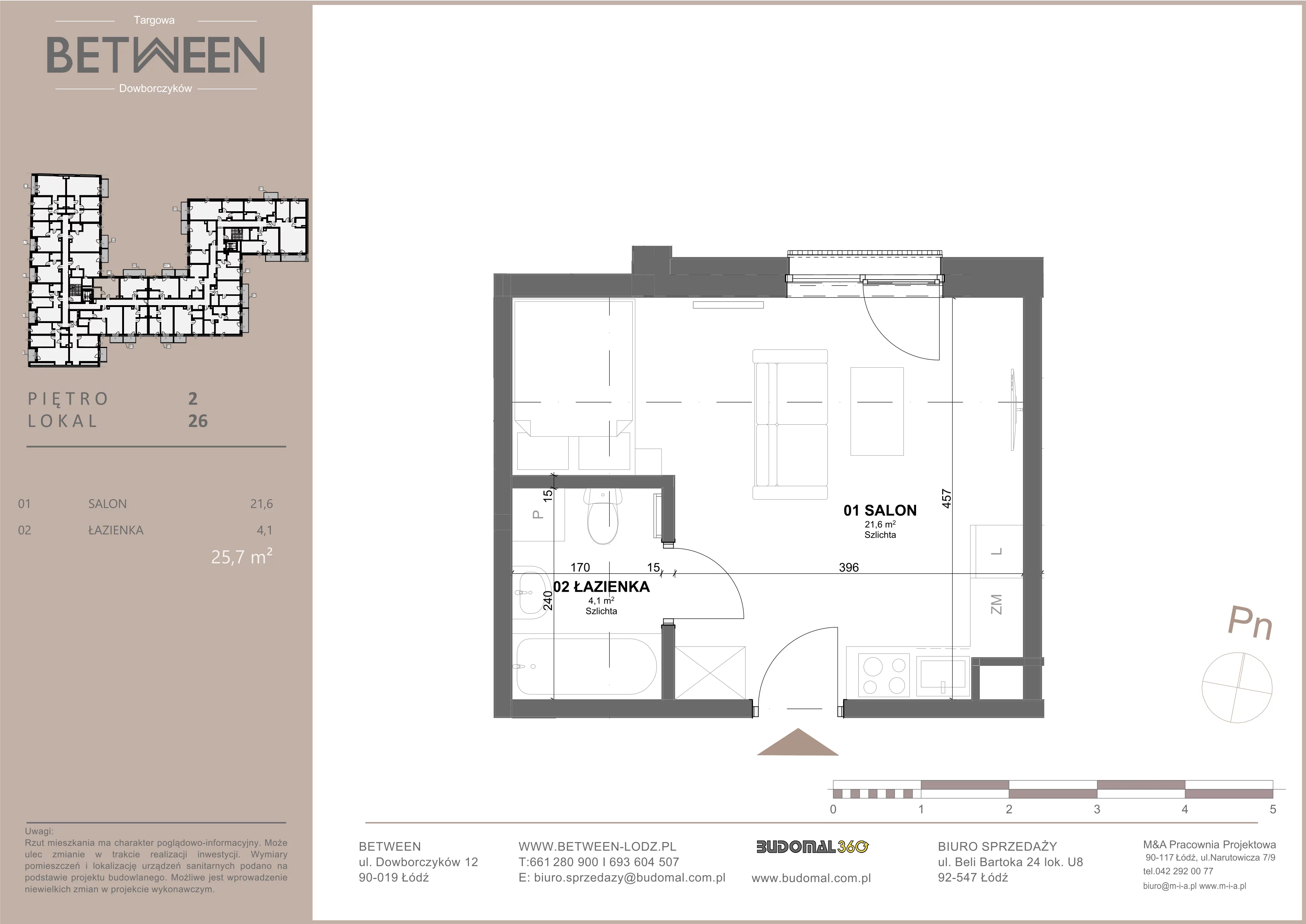 1 pokój, mieszkanie 25,53 m², piętro 2, oferta nr 26, Between, Łódź, Śródmieście, ul. Dowborczyków 12