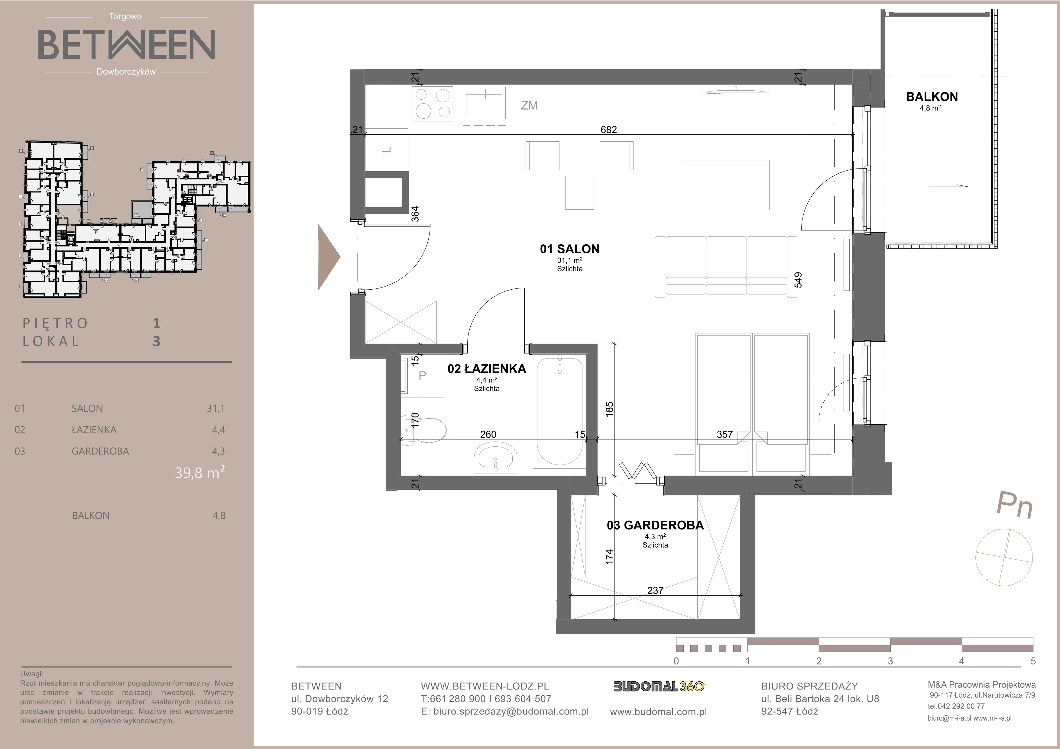1 pokój, mieszkanie 39,77 m², piętro 1, oferta nr 3, Between, Łódź, Śródmieście, ul. Dowborczyków 12