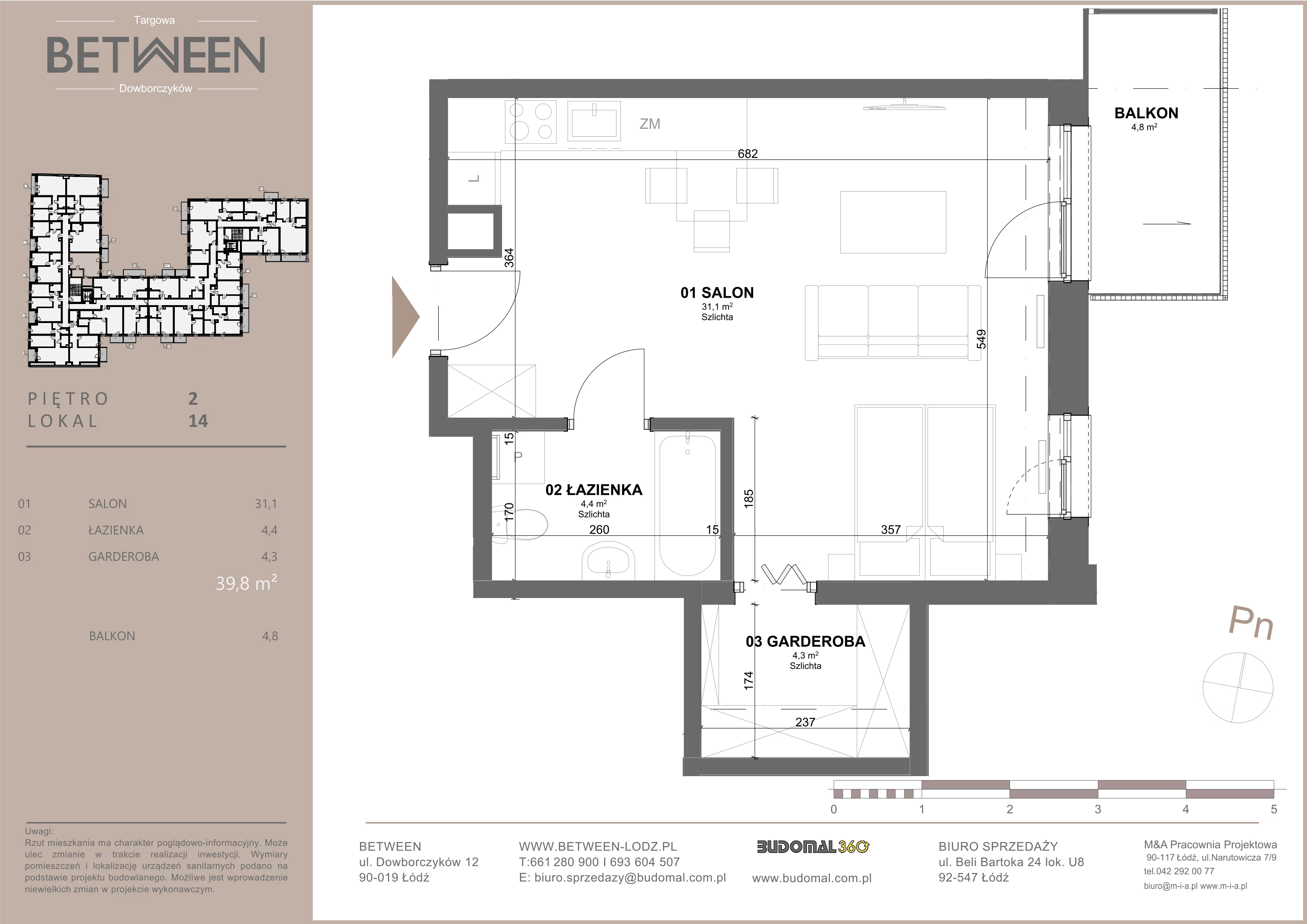 1 pokój, mieszkanie 39,70 m², piętro 2, oferta nr 14, Between, Łódź, Śródmieście, ul. Dowborczyków 12
