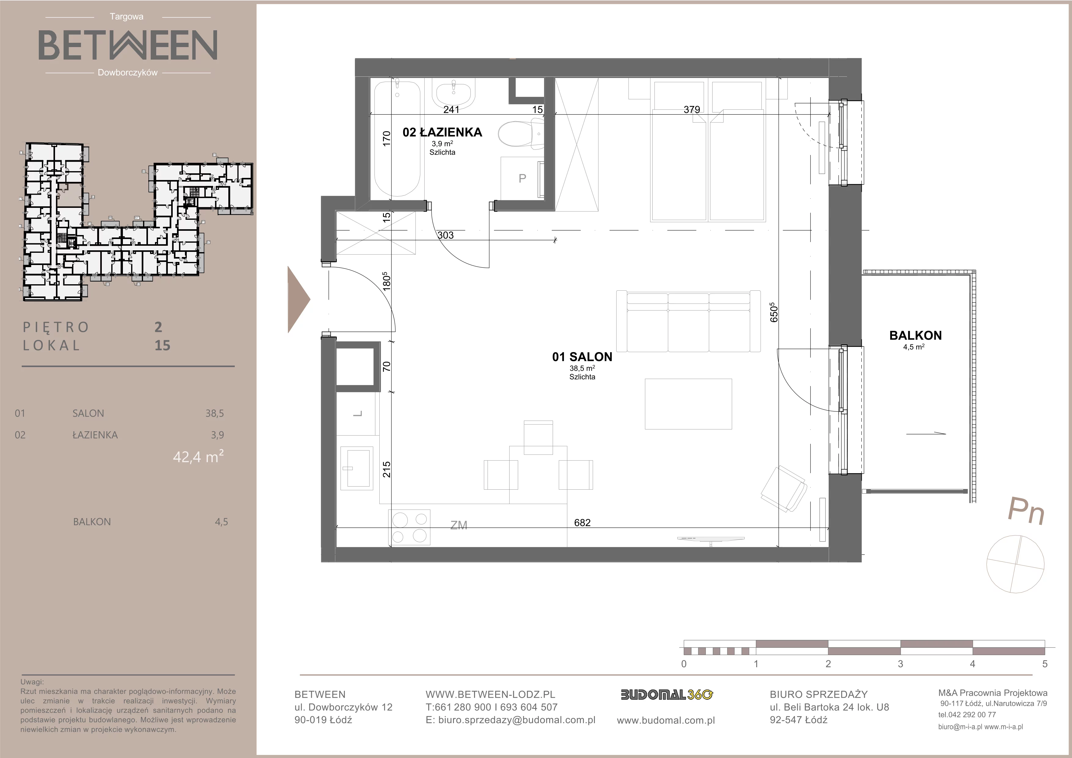 1 pokój, mieszkanie 42,19 m², piętro 2, oferta nr 15, Between, Łódź, Śródmieście, ul. Dowborczyków 12