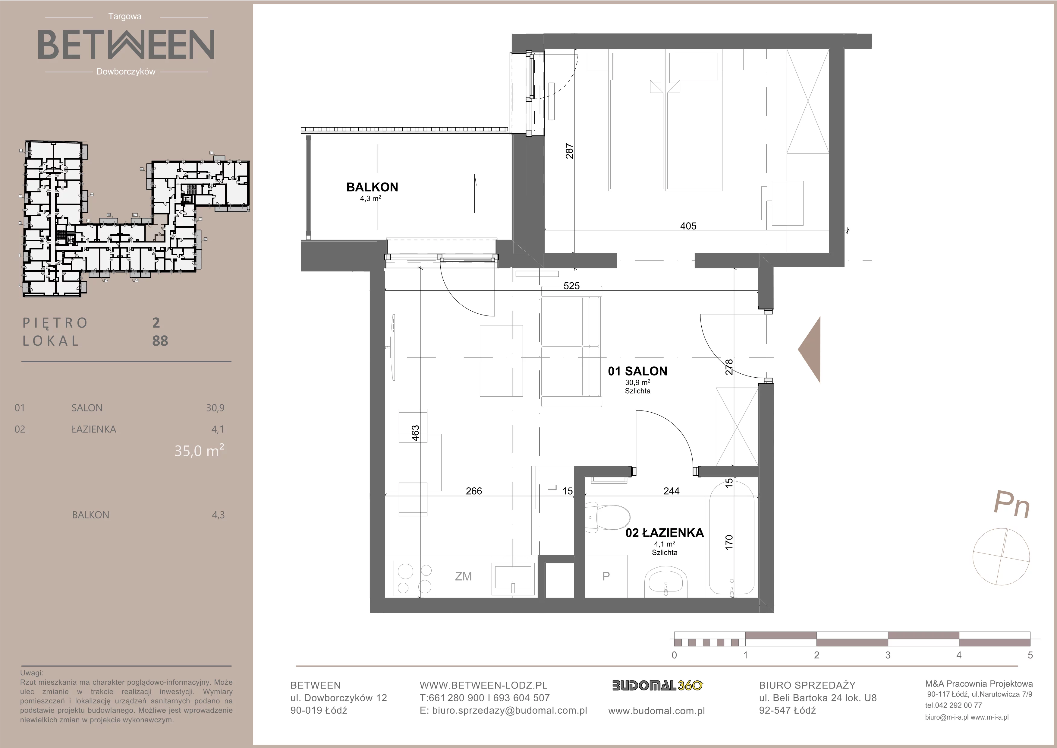 1 pokój, mieszkanie 34,95 m², piętro 2, oferta nr 88, Between, Łódź, Śródmieście, ul. Dowborczyków 12
