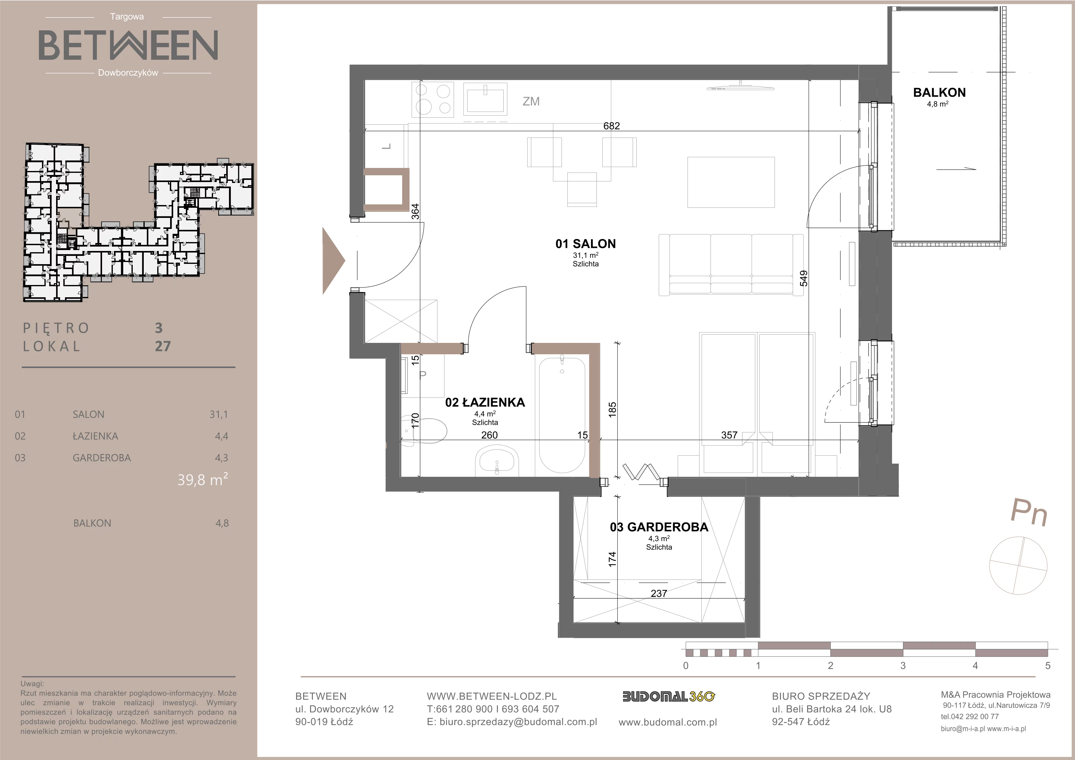 1 pokój, mieszkanie 39,72 m², piętro 3, oferta nr 27, Between, Łódź, Śródmieście, ul. Dowborczyków 12