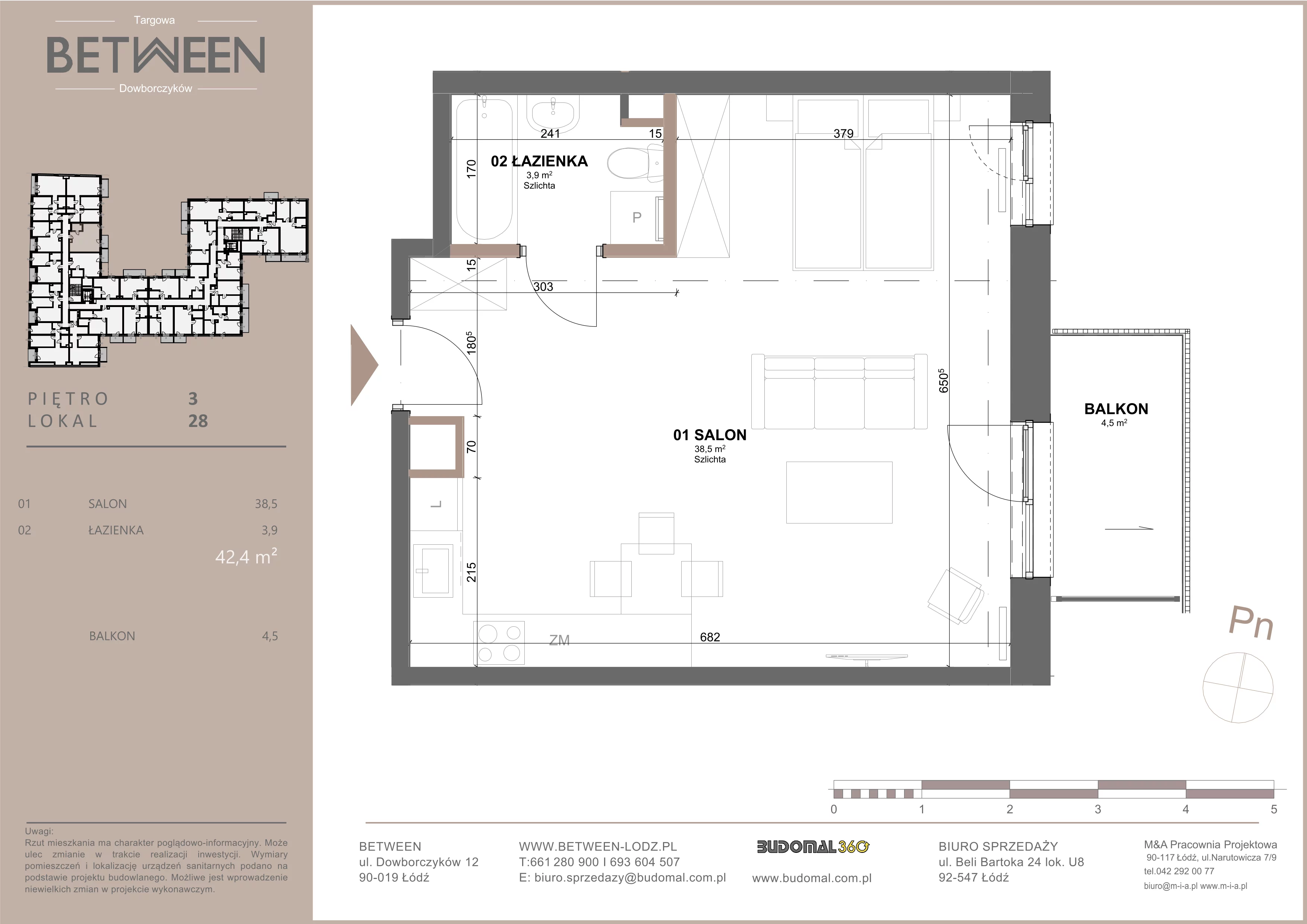 1 pokój, mieszkanie 42,00 m², piętro 3, oferta nr 28, Between, Łódź, Śródmieście, ul. Dowborczyków 12
